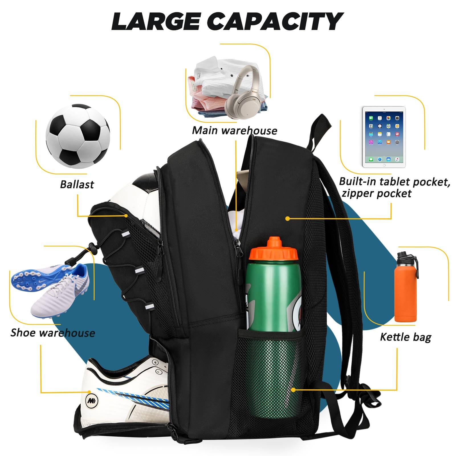 Back. Stamp n Camp - Soccer Bag  Basketball With Ball Compartment & Shoe Large Backpack For Gym,football - black.