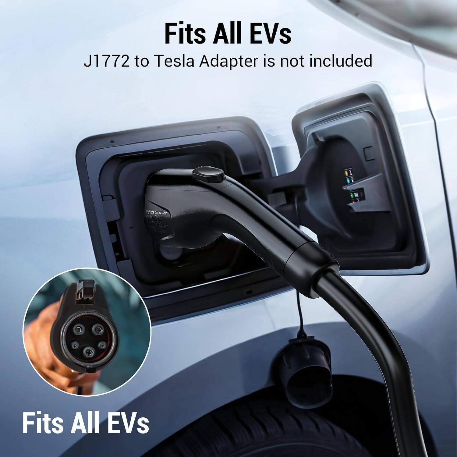 Fits All EVs  
J1772 to Tesla Adapter is not included  

Fits All EVs