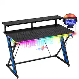 RSPGAME - Basic 43" Music Sync LED Gaming Desk w/ Dynamic Color-Changing & Racing Gear Style,Ergonomic Monitor Stand Computer Desk - Blue & Black