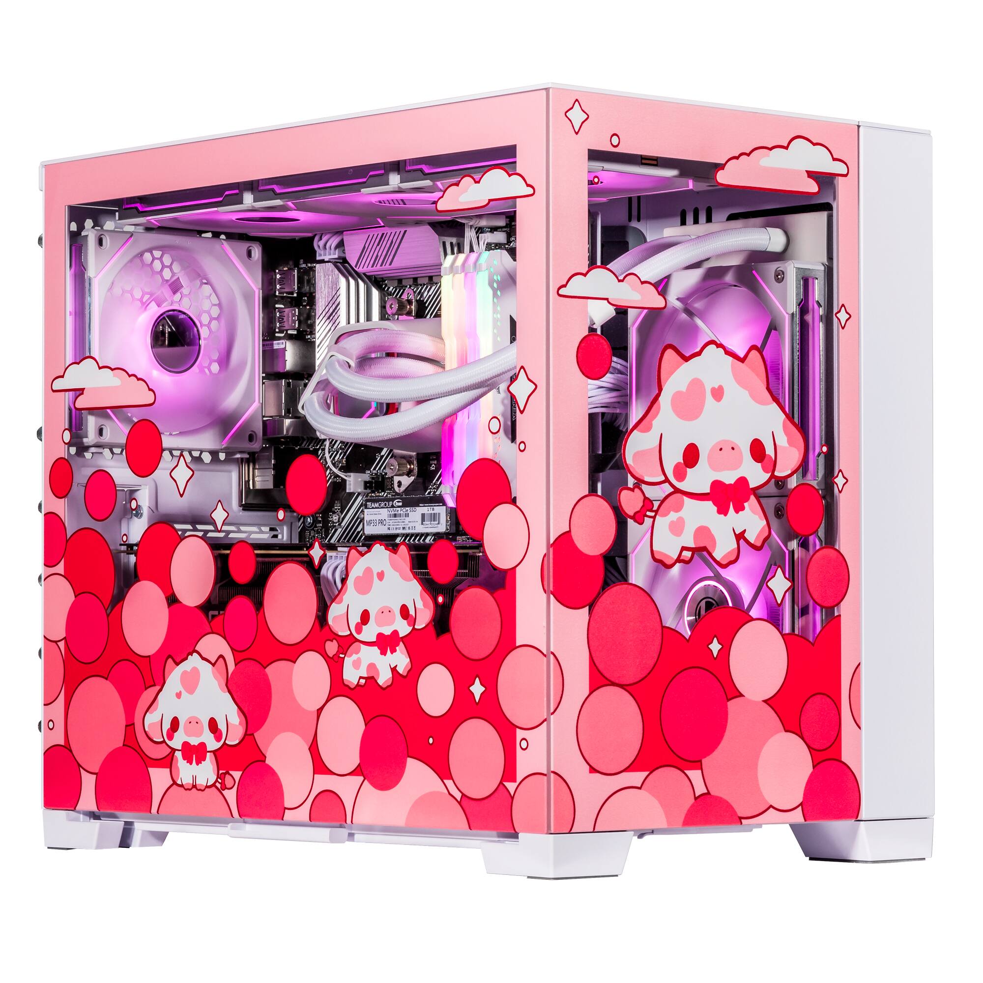 Front. Velztorm - Velztorm Bubble Cow Custom Gaming Desktop (Ryzen 7 5700X, 16GB, 1TB SSD + 2TB HDD, RTX 5070, Win 11 Pro ) - Rose Pink.