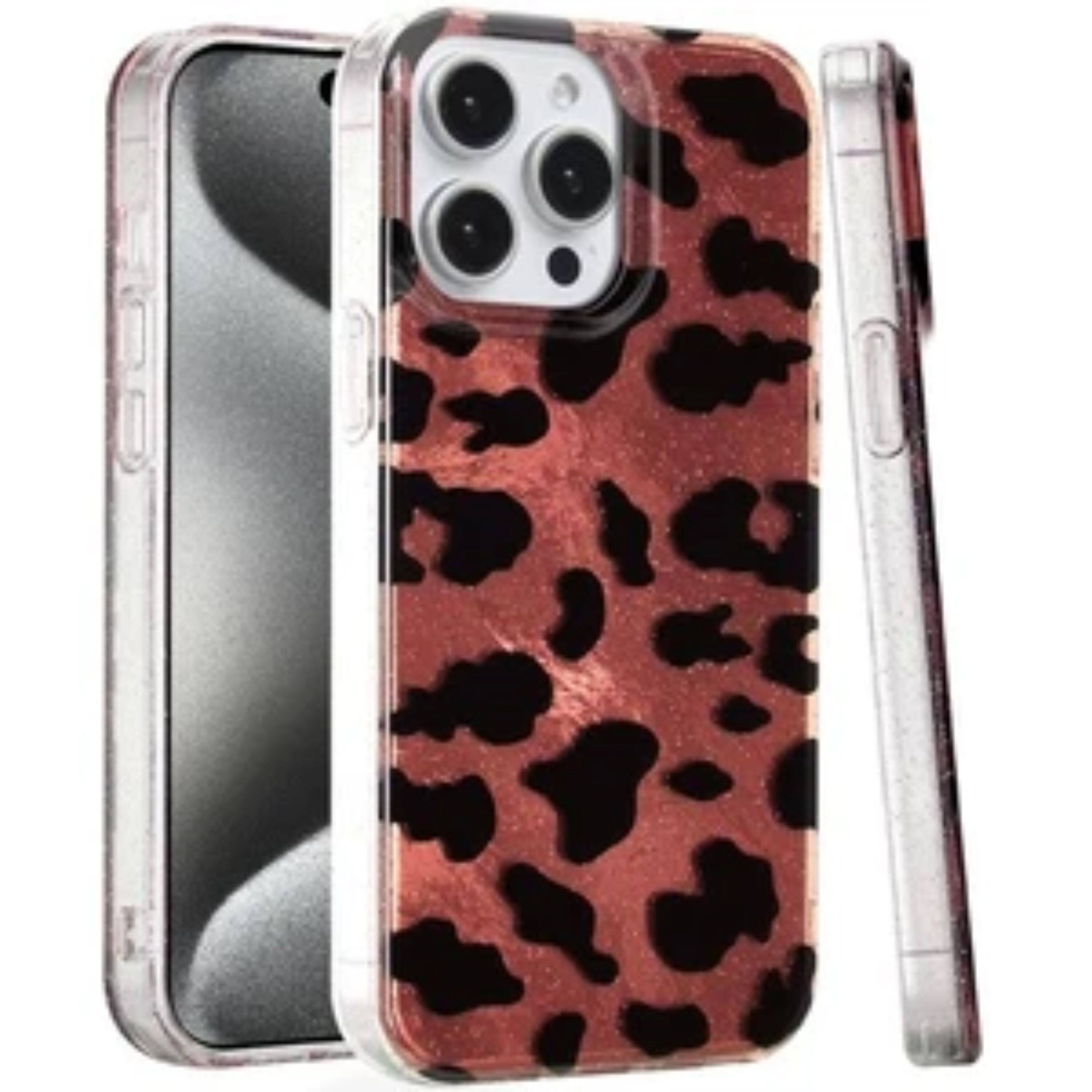 Front. Kitcheniva - Glossy Glitter In-Mold Case With Tempered Glass For iPhone 15 Pro Max Beauty Leopard - Multicolor.