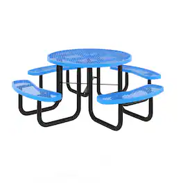 Flash Furniture - Creekside 46" Round Outdoor Picnic Table with Commercial Heavy Gauge Expanded Metal Mesh Seats and Top with Umbrella Hol - Blue
