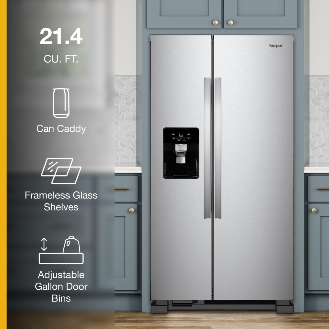 21.4 CU. FT. Whirlpool Can Caddy Frameless Glass Shelves Adjustable Gallon Door Bins