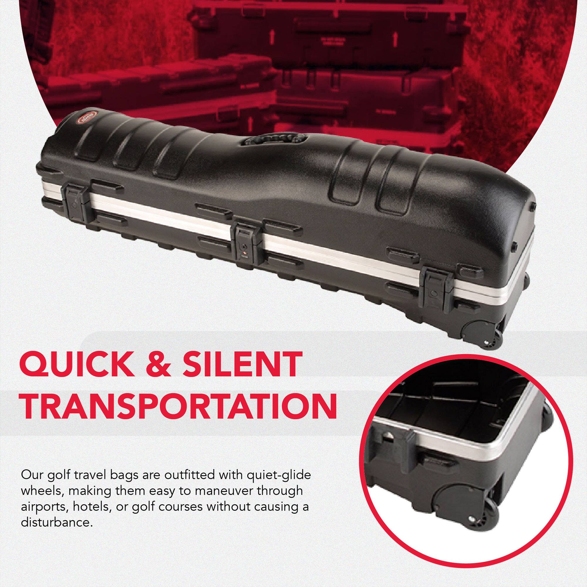 QUICK & SILENT TRANSPORTATION

Our golf travel bags are outfitted with quiet-glide wheels, making them easy to maneuver through airports, hotels, or golf courses without causing a disturbance.