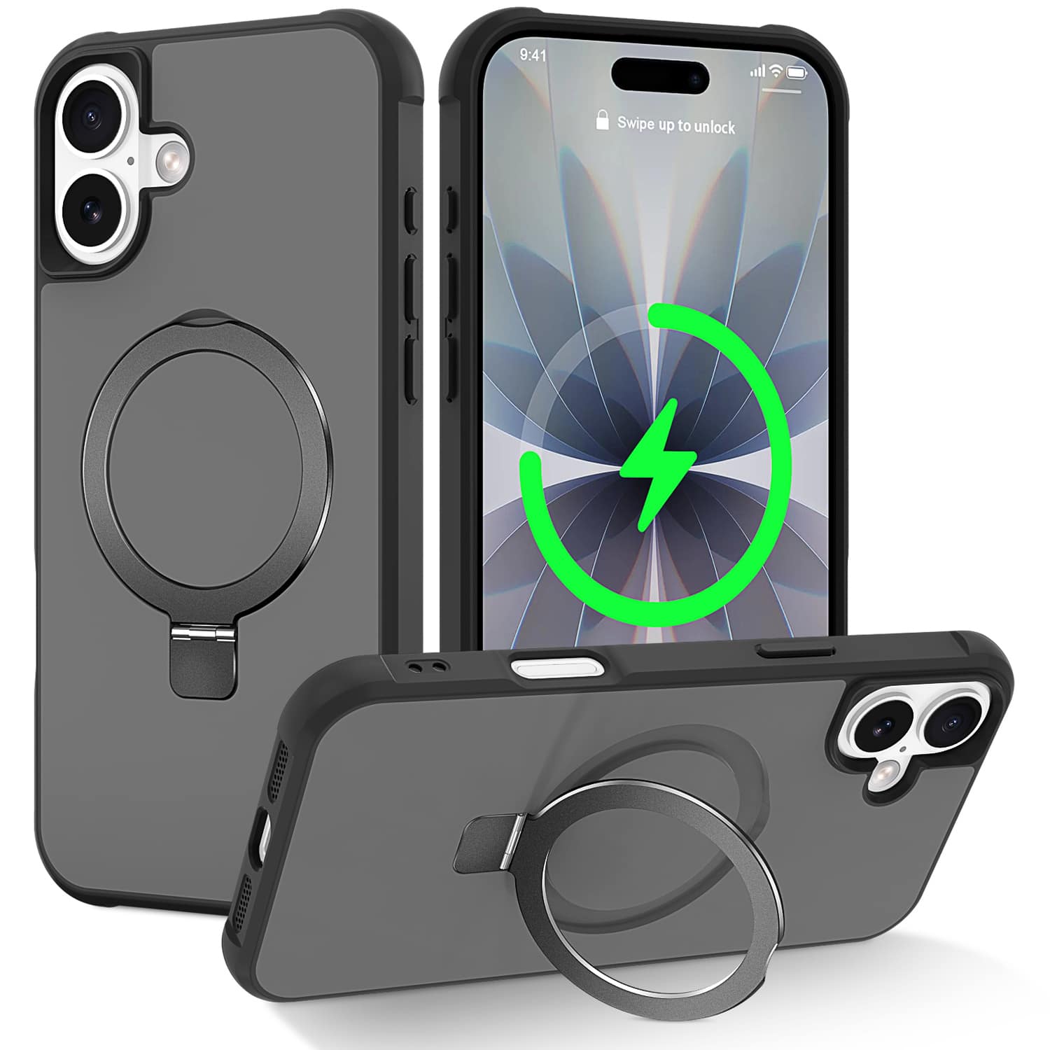 Dteck - for Apple iPhone 17 Magnetic Ring Kickstand Case,Rugged PC TPU Metal Shockproof Wireless Charging Cover - Black