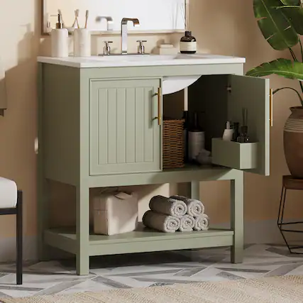 Front. Whisen - 30-Inch Bathroom Vanity with Ceramic Sink,Compact Storage Cabinet with Soft-Close Doors-Green - Green.
