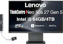 Lenovo - Upgraded - ThinkCentre Neo 50a All-in-One 27 FHD Display (i5-13420H, 64GB, 4TB SSD, Intel UHD, Win 11 Pro) w/USB Hub - Eclipse Black