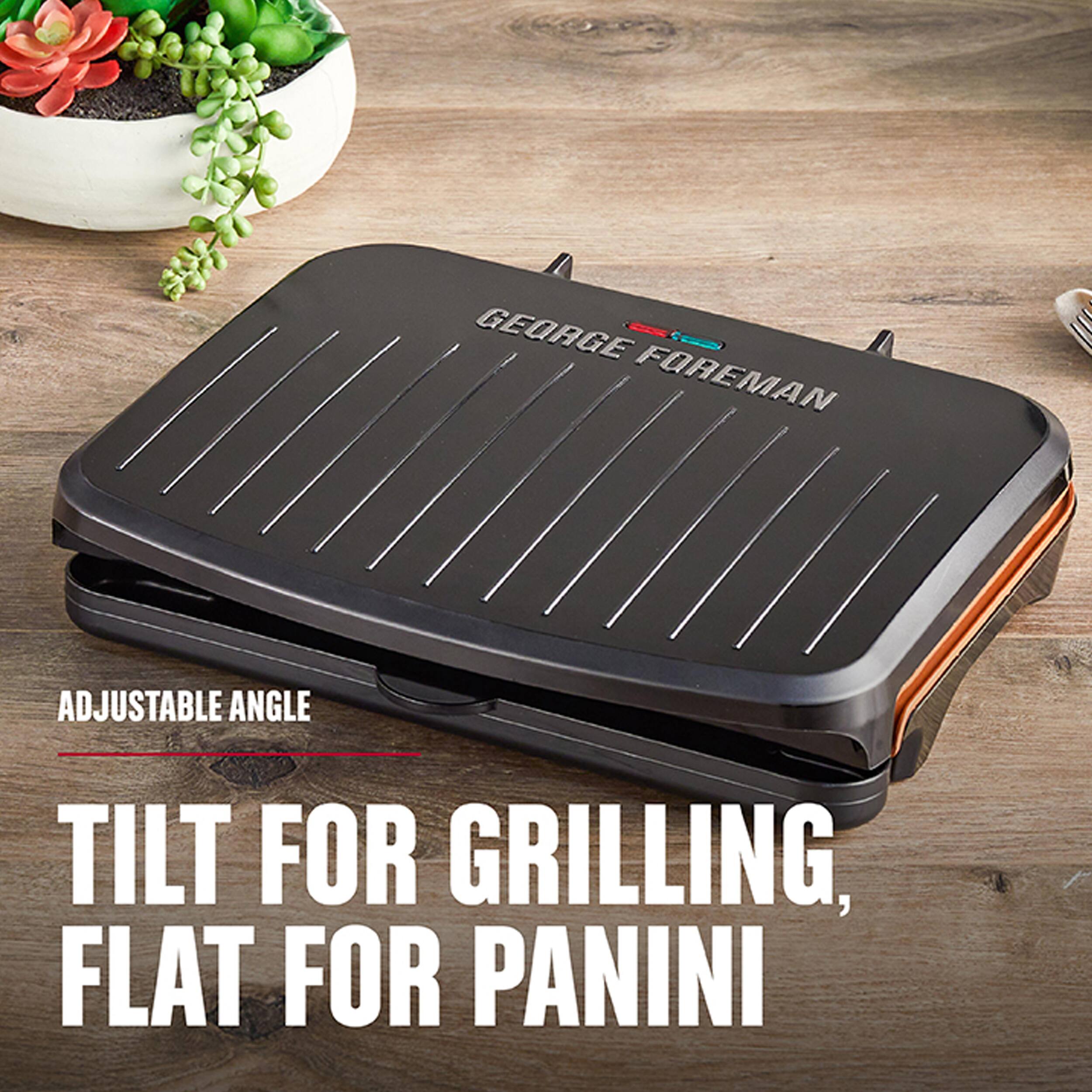 GEORGE FOREMAN ADJUSTABLE ANGLE TILT FOR GRILLING, FLAT FOR PANINI