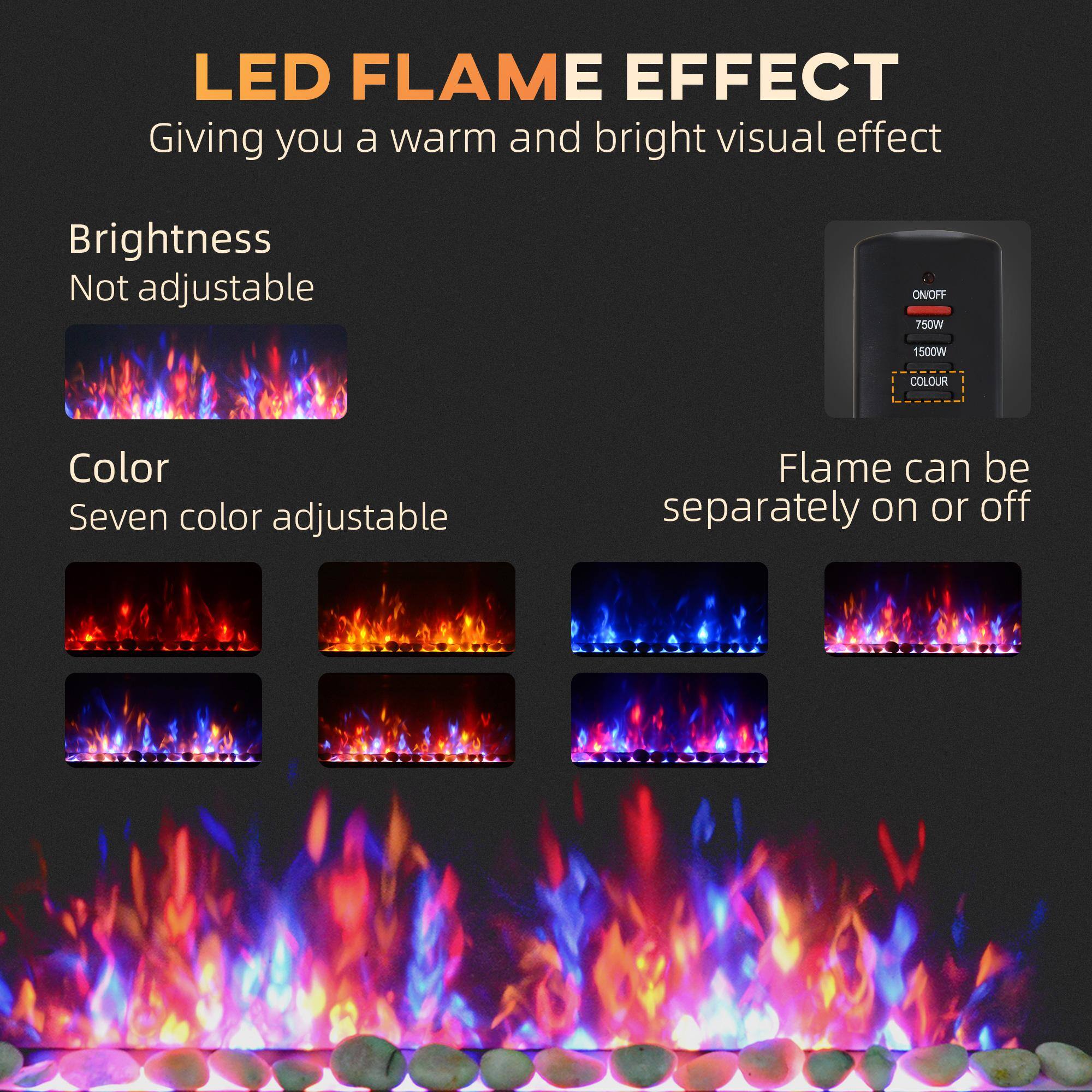 LED FLAME EFFECT  
Giving you a warm and bright visual effect  

Brightness  
Not adjustable  

Color  
Seven color adjustable  

Flame can be separately on or off  

ON/OFF  
750W  
1500W  
COLOUR