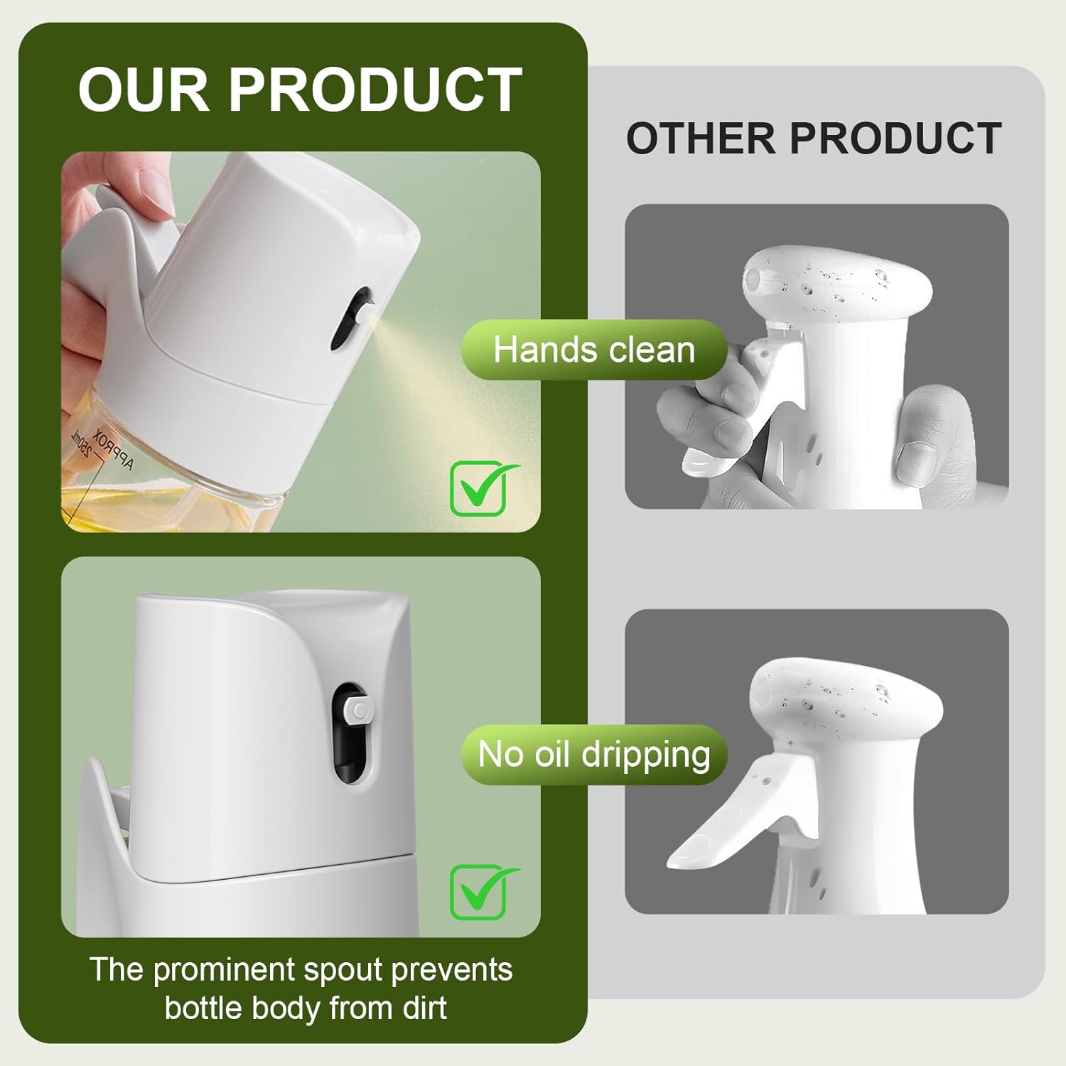OUR PRODUCT  
OTHER PRODUCT  
Hands clean  
250mL APPROX  
No oil dripping  
The prominent spout prevents bottle body from dirt