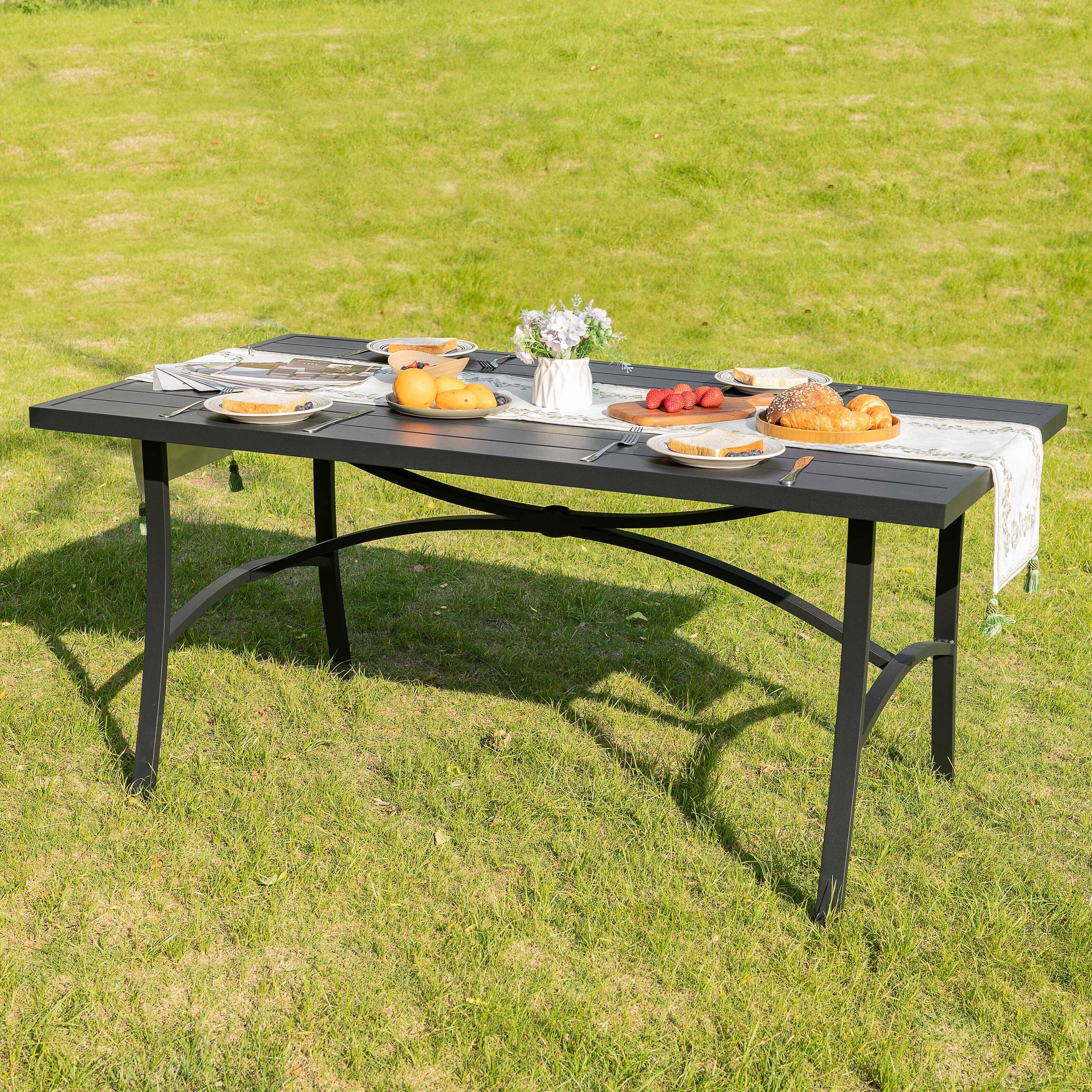 Angle. Nuu Garden - Outdoor Rectangle Metal Dining Table with 1.70'' Umbrella Hole, Aluminum Tabletop and Sturdy Frame - Black.