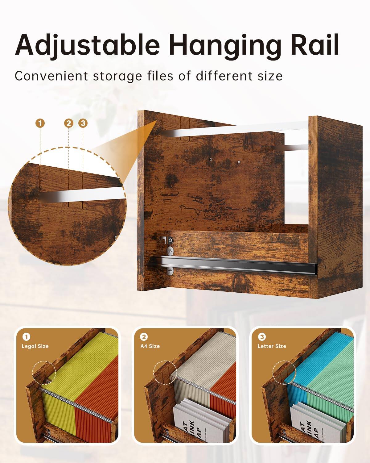 Adjustable Hanging Rail  
Convenient storage files of different size  

1. Legal Size  
2. A4 Size  
3. Letter Size