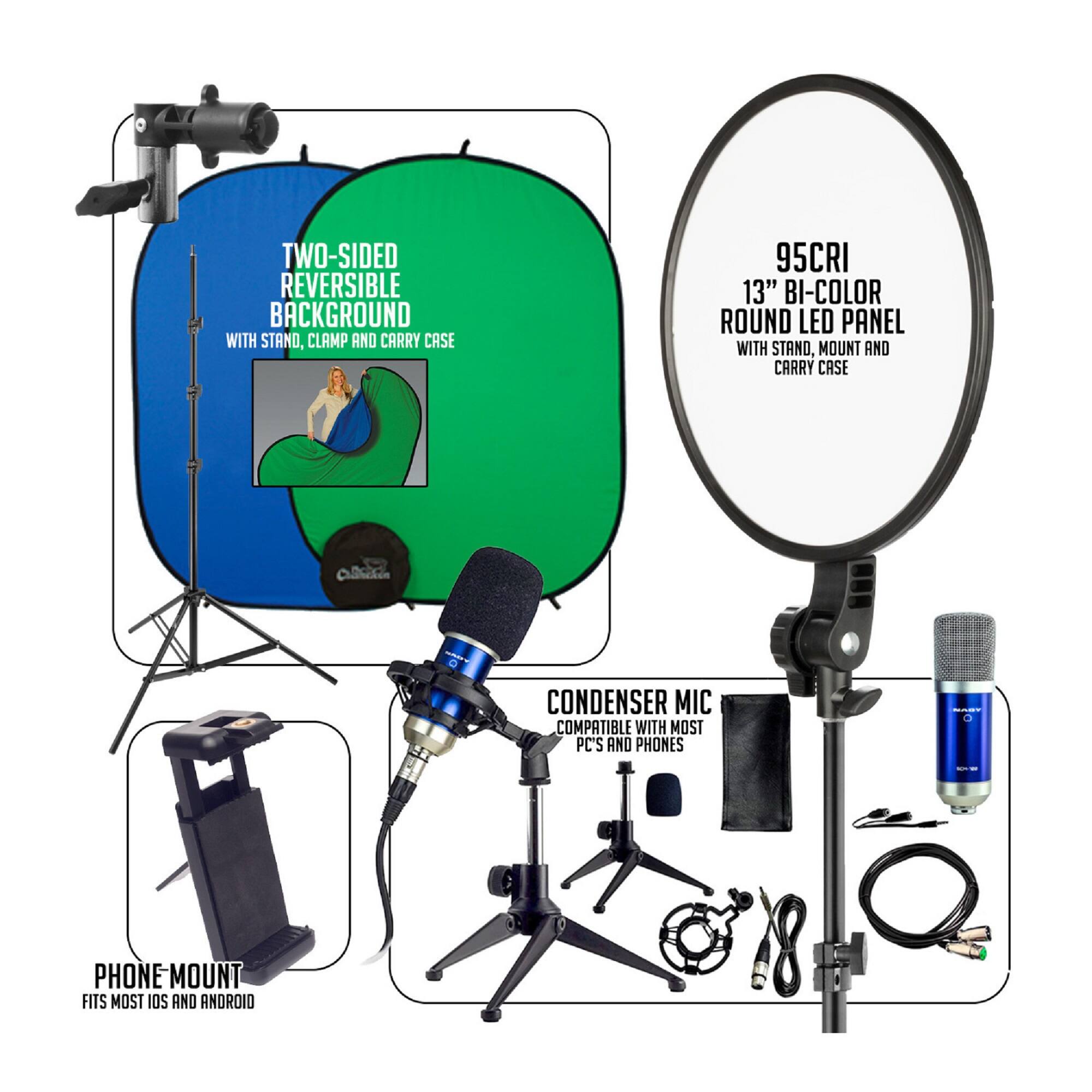 TWO-SIDED REVERSIBLE BACKGROUND WITH STAND, CLAMP AND CARRY CASE

95CRI 13" BI-COLOR ROUND LED PANEL WITH STAND, MOUNT AND CARRY CASE

CONDENSER MIC COMPATIBLE WITH MOST PC'S AND PHONES

PHONE MOUNT FITS MOST IOS AND ANDROID