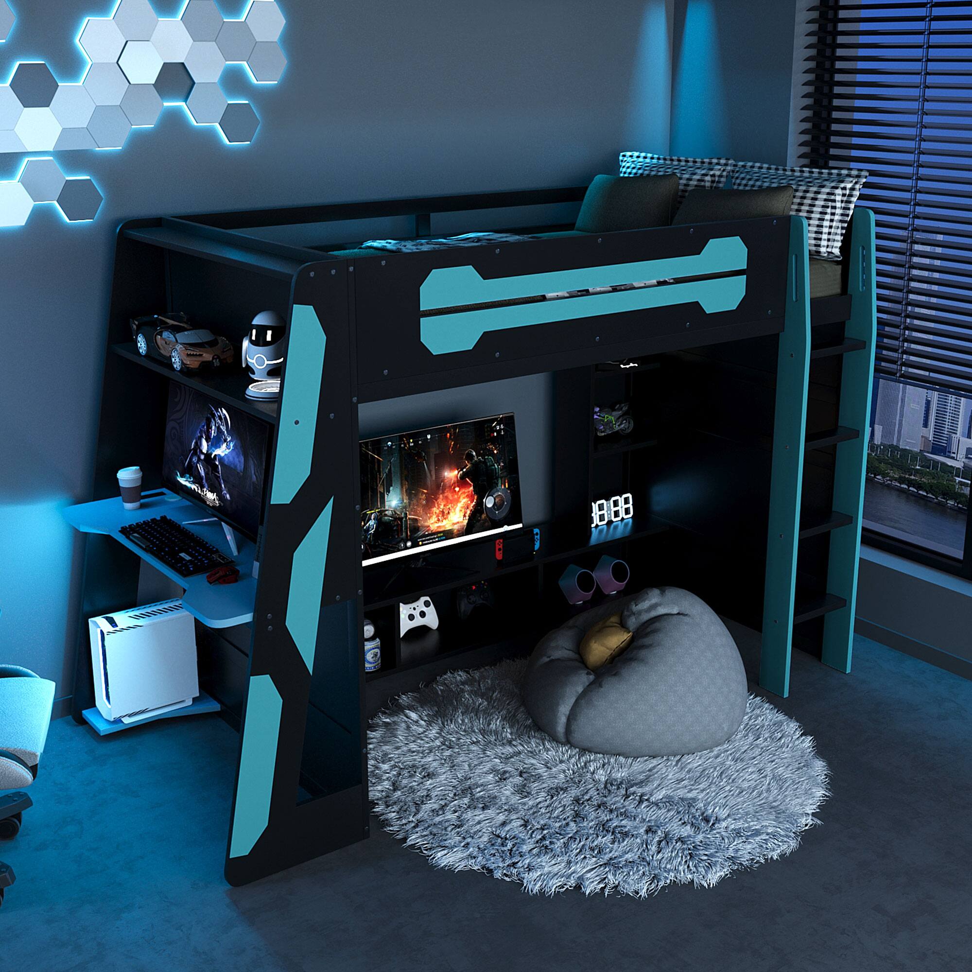 Left. Anysun - Twin Size Wood Loft Bed with Desk, Multi-storage Shelves and RGB Light - Blue.