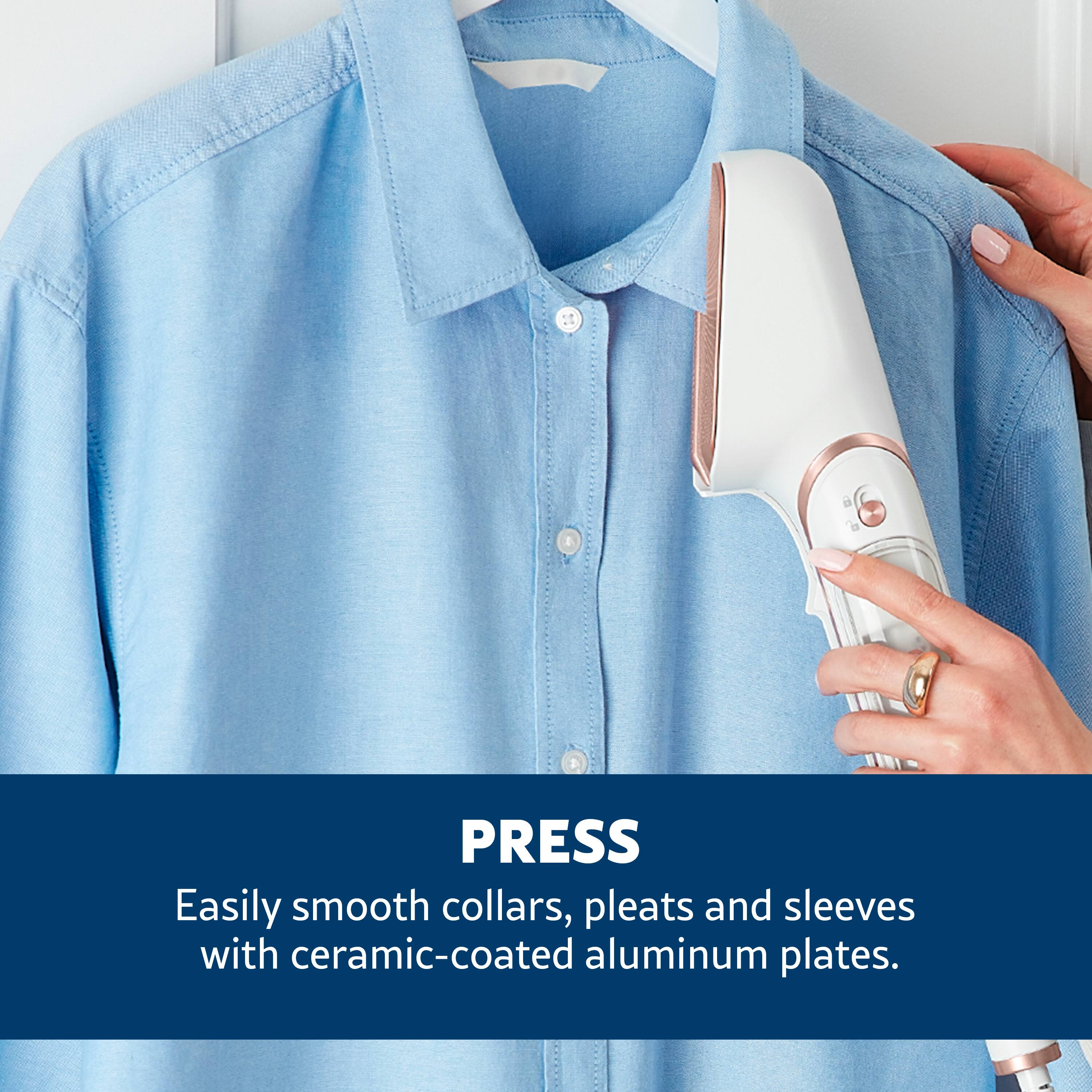PRESS Easily smooth collars, pleats and sleeves with ceramic-coated aluminum plates.