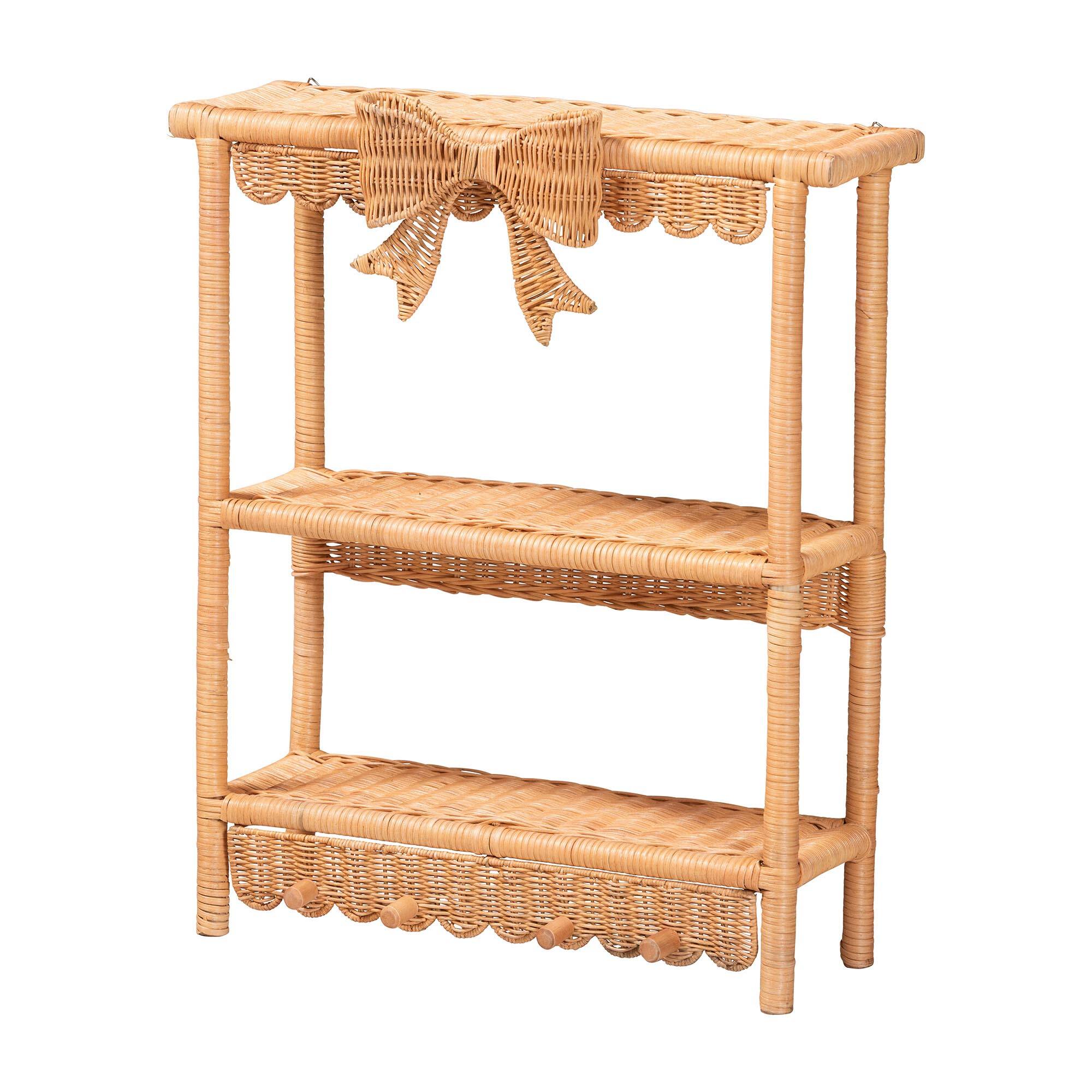 Front. bali & pari - bali & pari Creusa Natural Rattan 2-Tier Wall Shelf with Bow Detail - Light Honey.