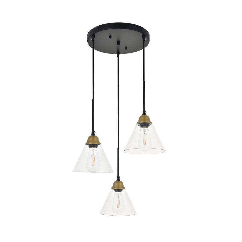 Alt View 2. Living District - Histoire 3 Light Brass And Black Pendant - Brass And Black And Clear.