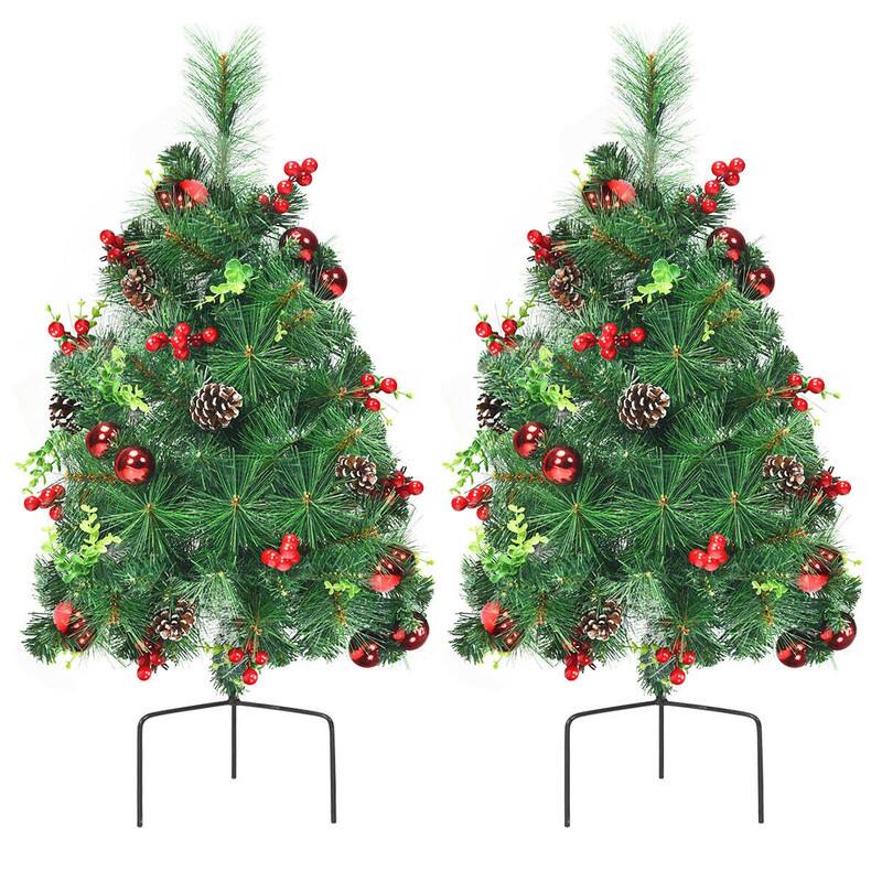 Left. WELLFOR - 25 Inch Pre‑Lit Pathway Artificial Christmas Trees with 58 PVC Branch Tips &30 LED Lights,Set of 2 - Green.