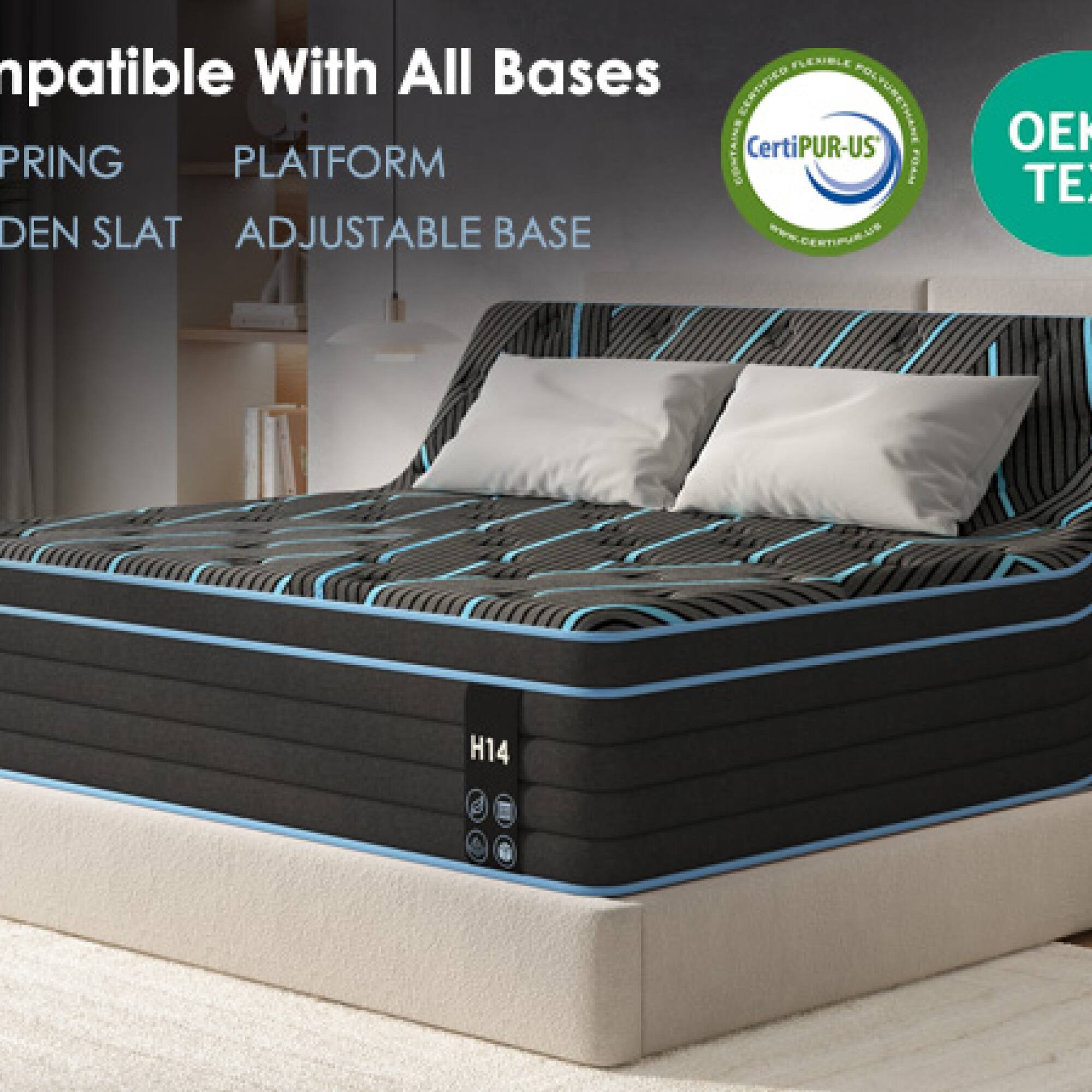 FLCUBLE npatible With All Bases EESTIFIED POLTURETHANE CONTAINS CertiPUR-US PRING PLATFORM NYDA DEN SLAT ADJUSTABLE BASE Www.CERTIPUR.US O TE H14

Compatible With All Bases
SPRING PLATFORM
DENSE SLAT ADJUSTABLE BASE

CertiPUR-US
OEK TE