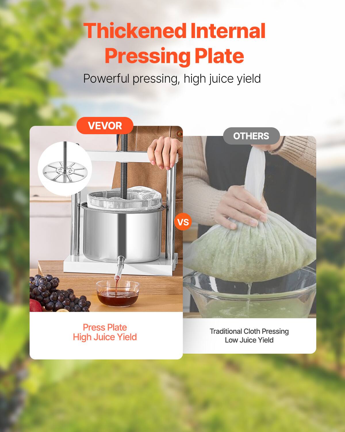 Thickened Internal Pressing Plate  
Powerful pressing, high juice yield  

VEVOR  
Press Plate  
High Juice Yield  

VS  

OTHERS  
Traditional Cloth Pressing  
Low Juice Yield