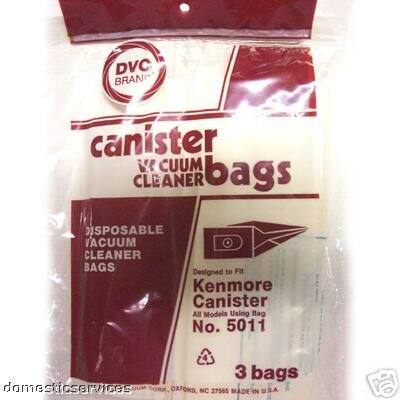 DVC BRAN canister VACUUM CLEANER bags DISPOSABLE VACUUM CLEANER BAGS Designed to Fit Kenmore Canister All Models Using Bag No. 5011 3 bags domesticservices CORR. OXFORD, NC 27565 MADE IN U.S.A.
