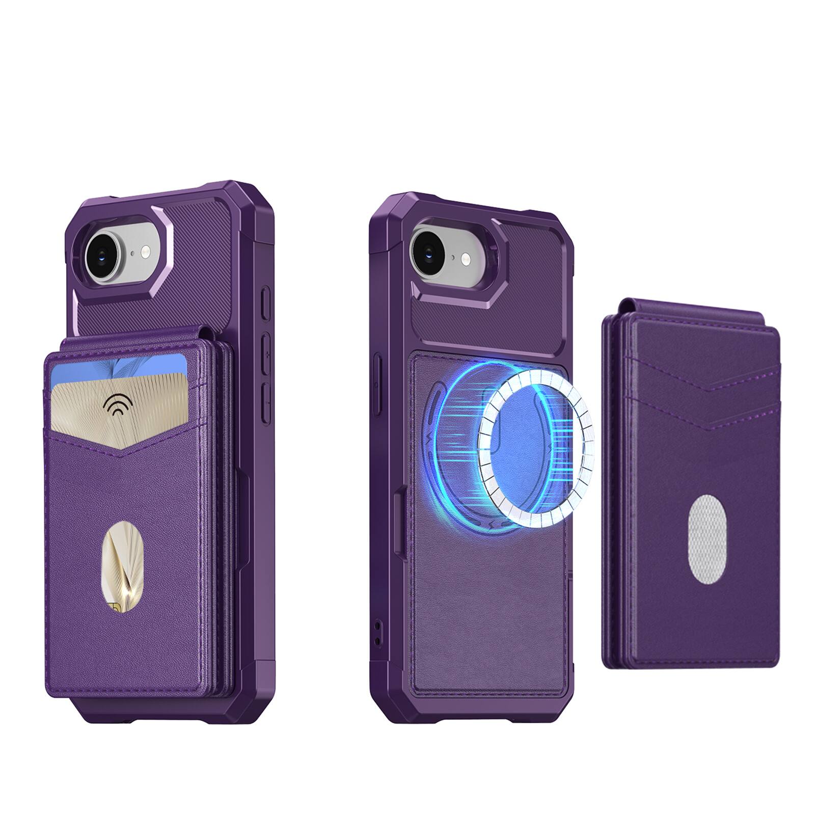 Angle. Dteck - For Apple iPhone 17e/16e 2-in-1 Magnetic Leather Flip Stand Wallet Case RFID Blocking Detachable Card Holder - Purple.