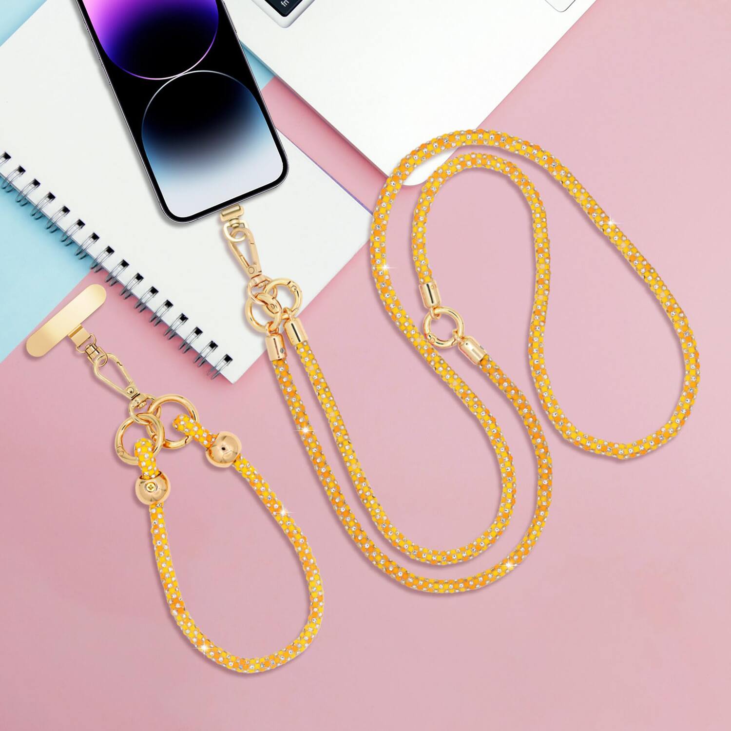 Left. Dteck - 3-in-1 Glitter Crossbody Phone Lanyard,Sparkly Crystal Phone Strap Fashion Wrisrstrap for Universal Smartphone Cases - Orange.