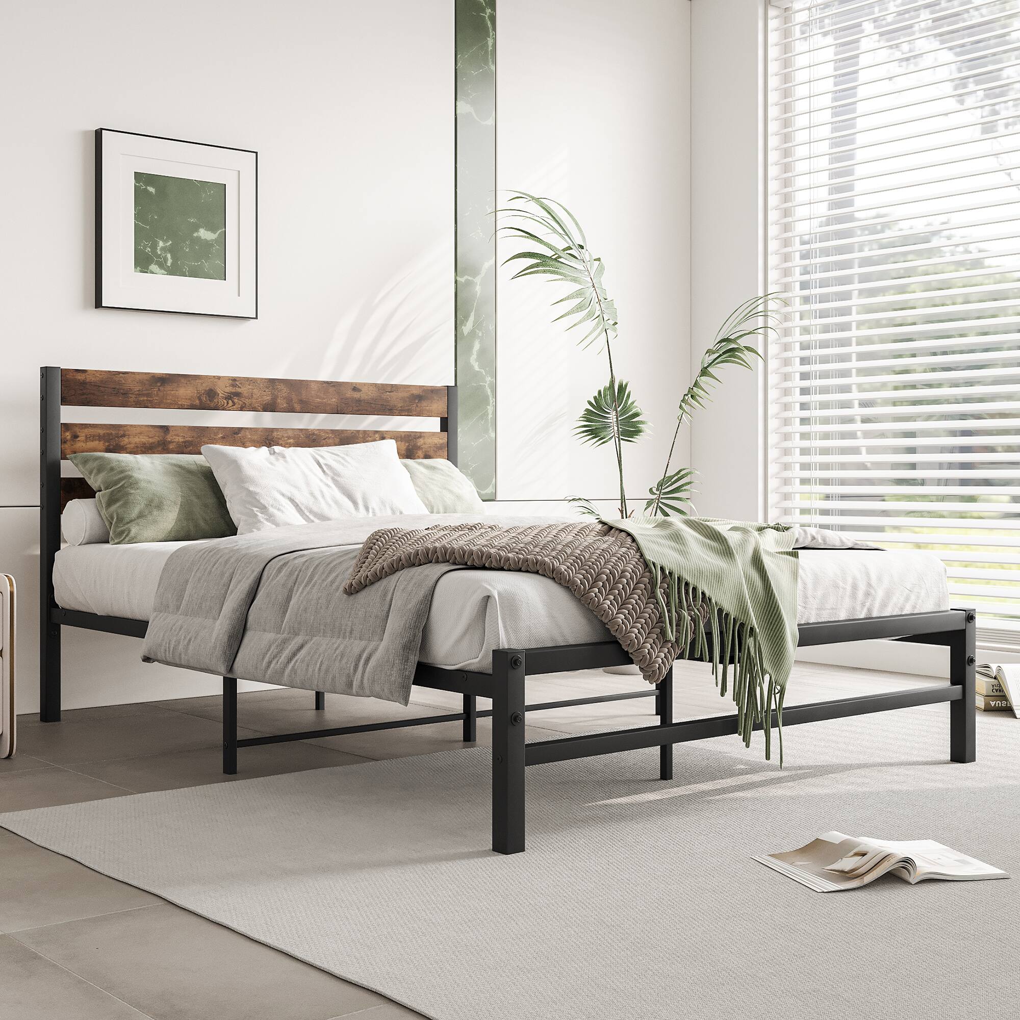 Alt View 3. Ecooso - Full Size Platform Bed Frame with Wood Headboard, Strong Metal Slats Support Mattress Foundation, No Box Spring Needed - Black.