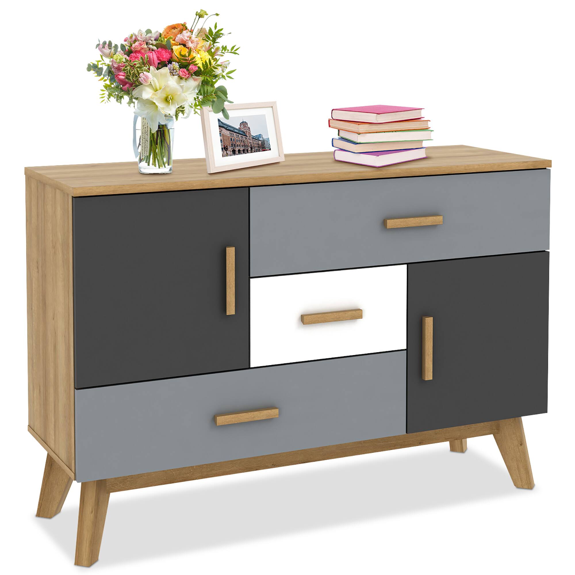 Costway - Free-standing Storage Cabinet Modern Floor Cabinet w/2 Doors & 3 Drawers - Gray