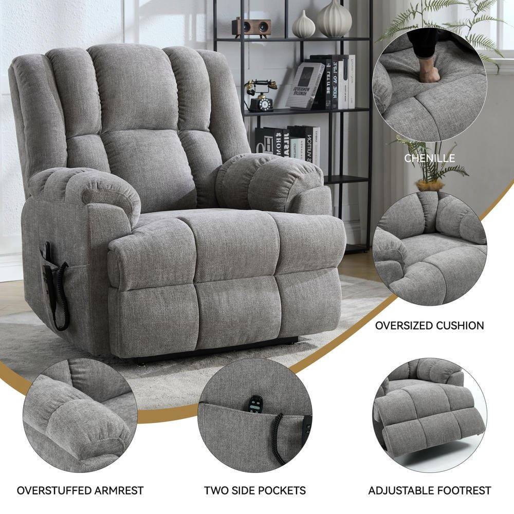 Sure, here is the corrected and grouped text from the image:

- **PIKE LETIT O KE HOM JILSA HOTTI D CHENILLE**
- **OVERSIZED CUSHION**
- **OVERSTUFFED ARMREST**
- **TWO SIDE POCKETS**
- **ADJUSTABLE FOOTREST**