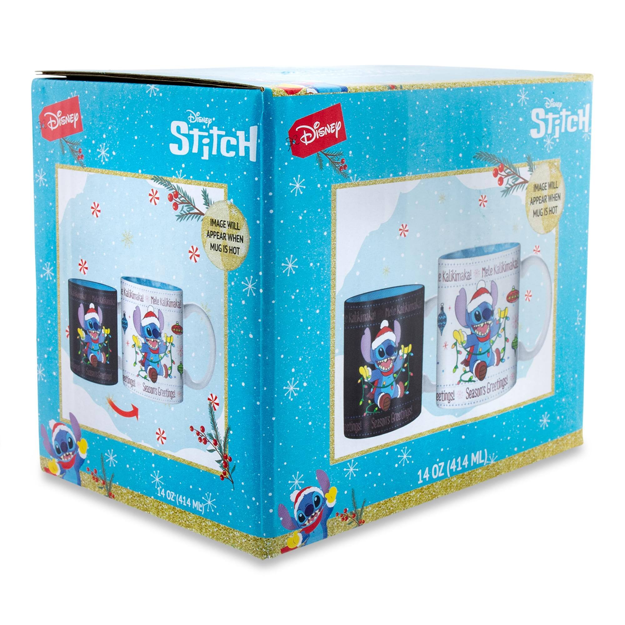 Disney Stitch  
IMAGE WILL APPEAR WHEN MUG IS HOT  
14 OZ (414 ML)  

Season's Greetings  
Kakimakal Mele Kakimakal