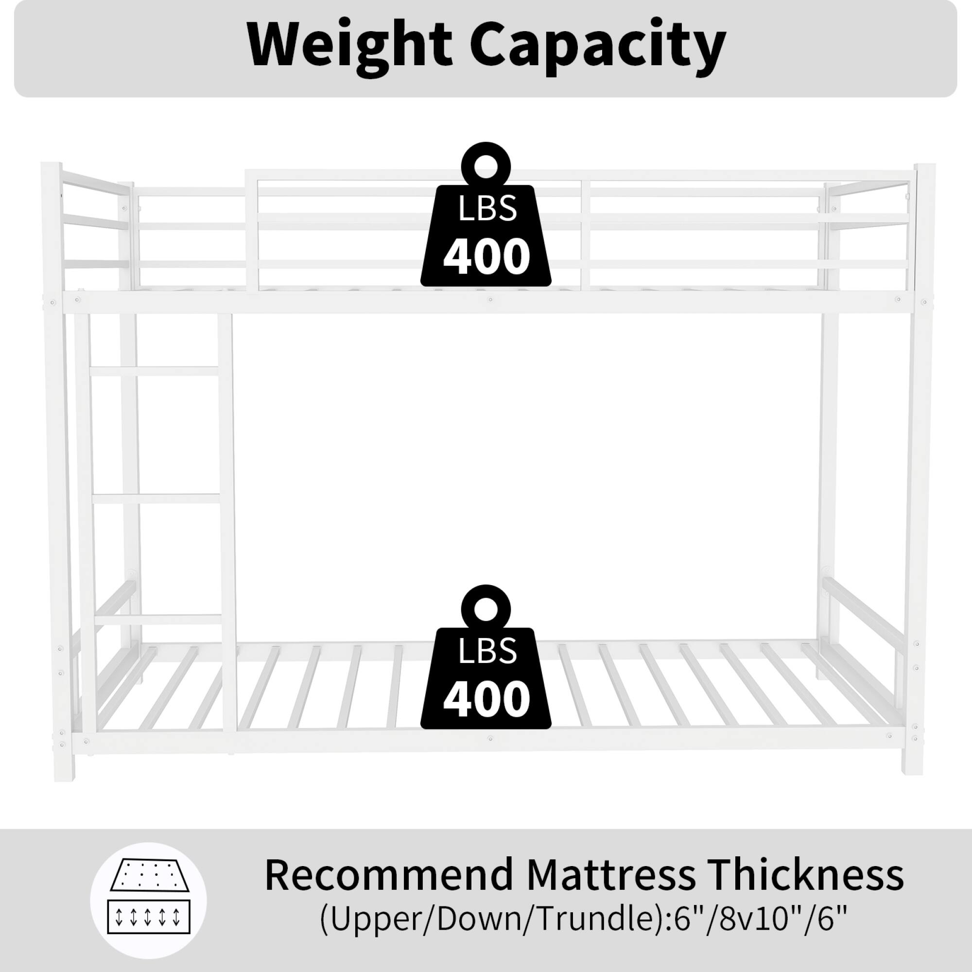 Weight Capacity:  
LBS 400  
LBS 400  

Recommend Mattress Thickness:  
(Upper/Down/Trundle): 6"/8v10"/6"
