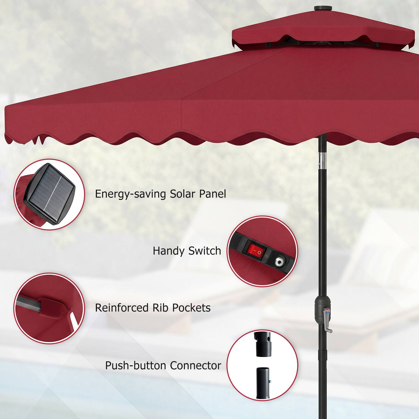Energy-saving Solar Panel  
Handy Switch  
Reinforced Rib Pockets  
Push-button Connector