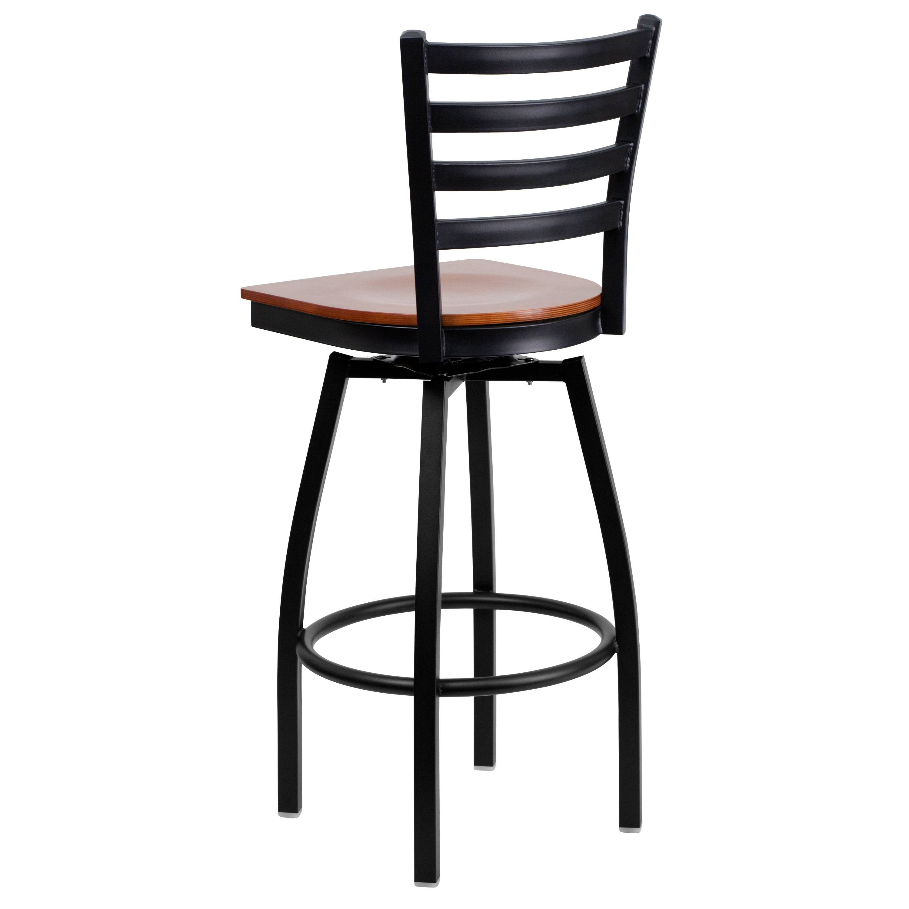 Alt View 5. Emma + Oliver - Ladder Back Swivel Metal Restaurant Dining Barstool - Cherry Wood Seat/Black Metal Frame.