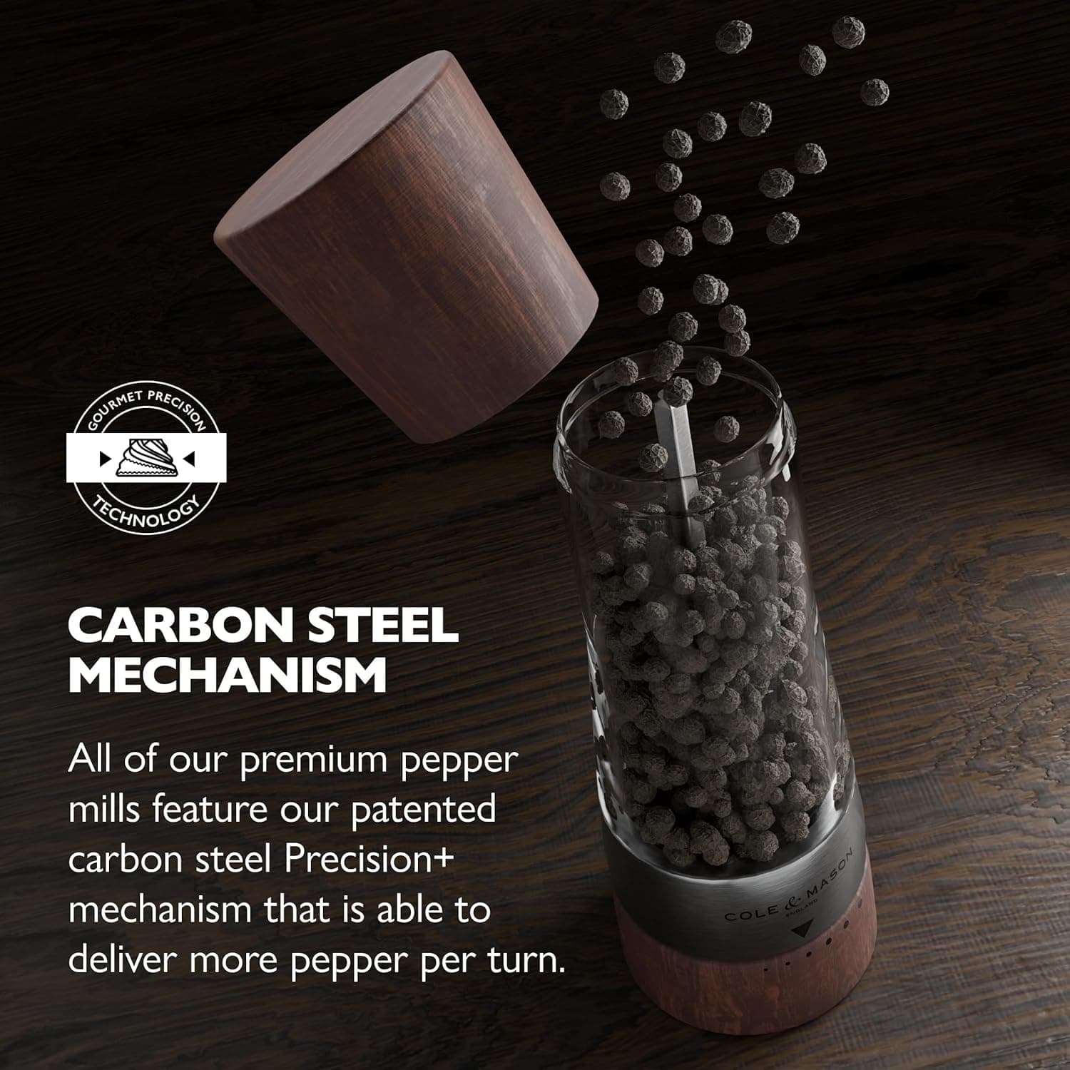 GOURMET PRECISION TECHNOLOGY  
CARBON STEEL MECHANISM  

All of our premium pepper mills feature our patented carbon steel Precision+ mechanism that is able to deliver more pepper per turn.  

MASON & COLE