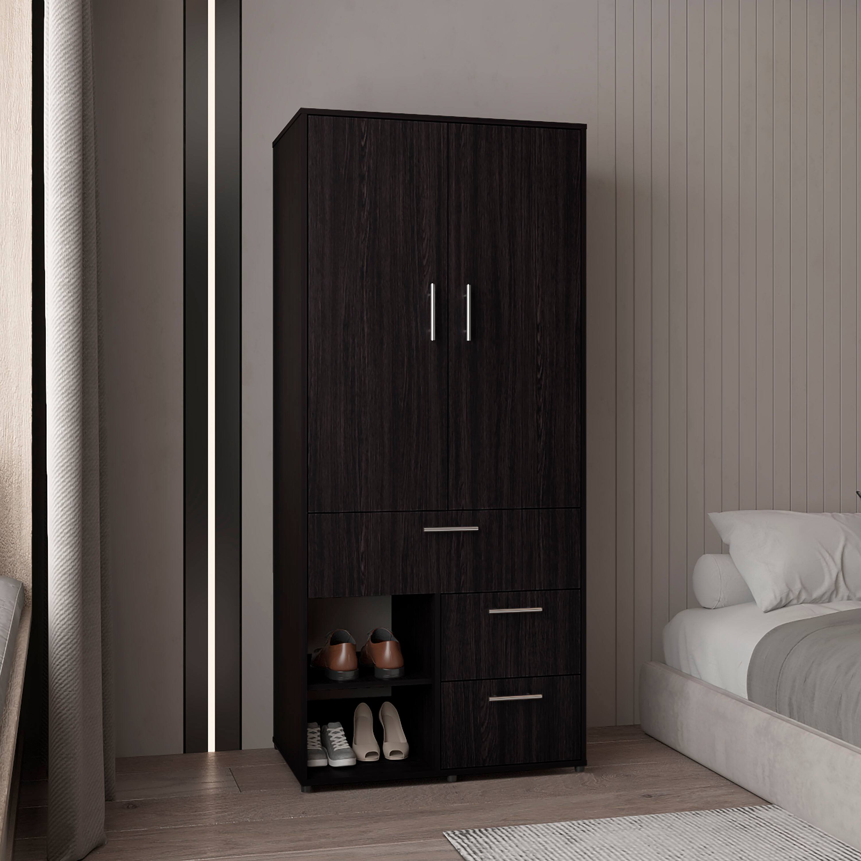 Left. TuHome - Alpine Armoire With Double Doors, Internal Shelves And Hanging Rod - Black.