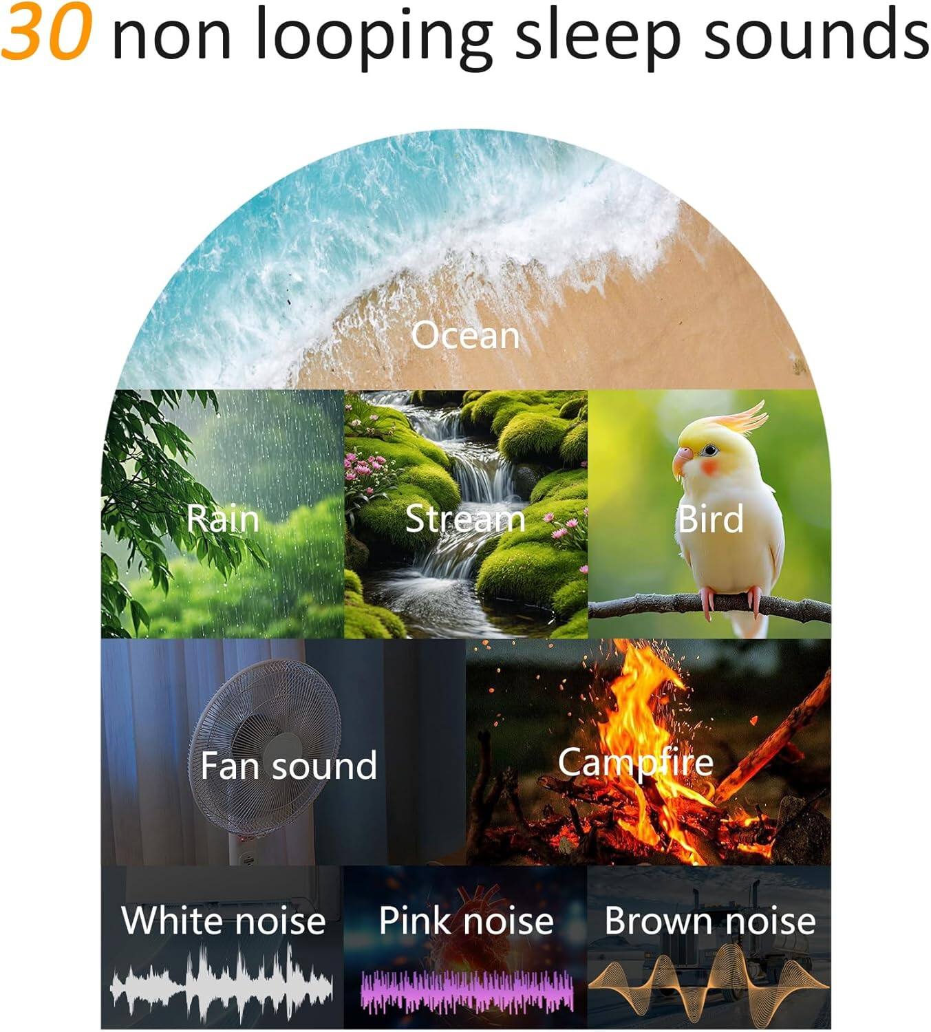 30 non looping sleep sounds

- Ocean
- Rain
- Stream
- Bird
- Fan sound
- Campfire
- White noise
- Pink noise
- Brown noise