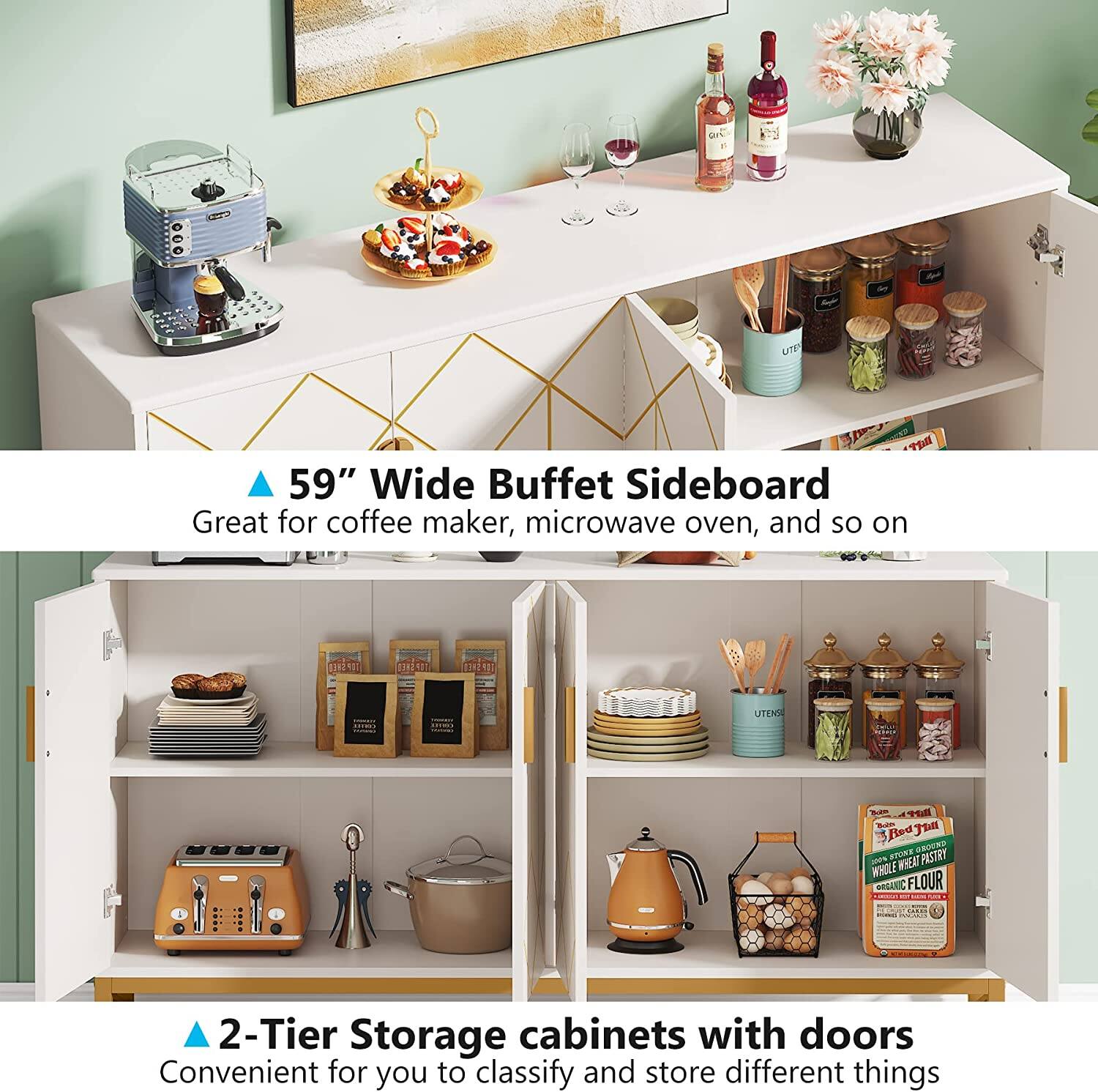 59" Wide Buffet Sideboard Great for coffee maker, microwave oven, and so on

2-Tier Storage cabinets with doors Convenient for you to classify and store different things