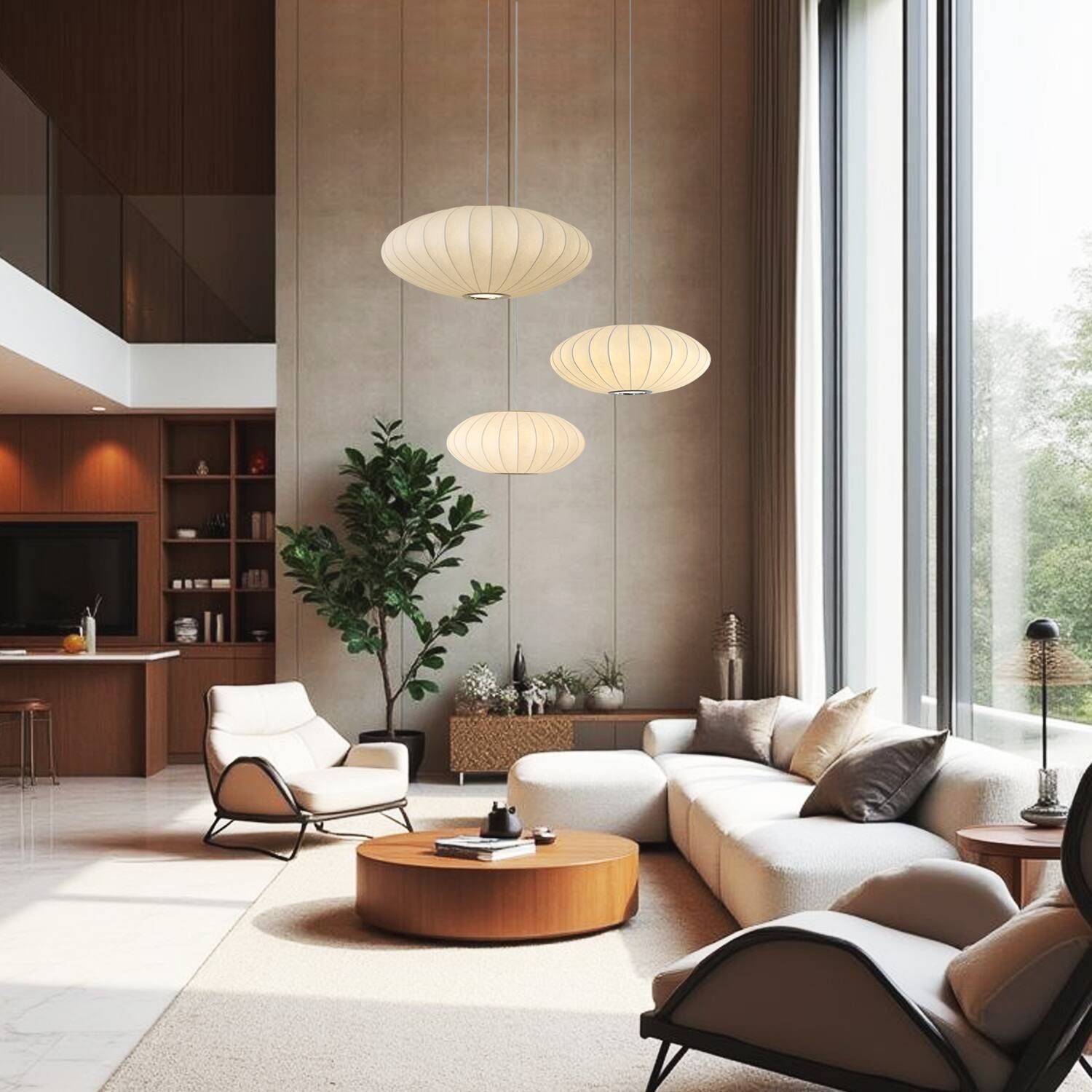 Back. Umeiluce - 19.7 Inches Mid-century Pendant Light Oval Silk Shade Dimmable - White.