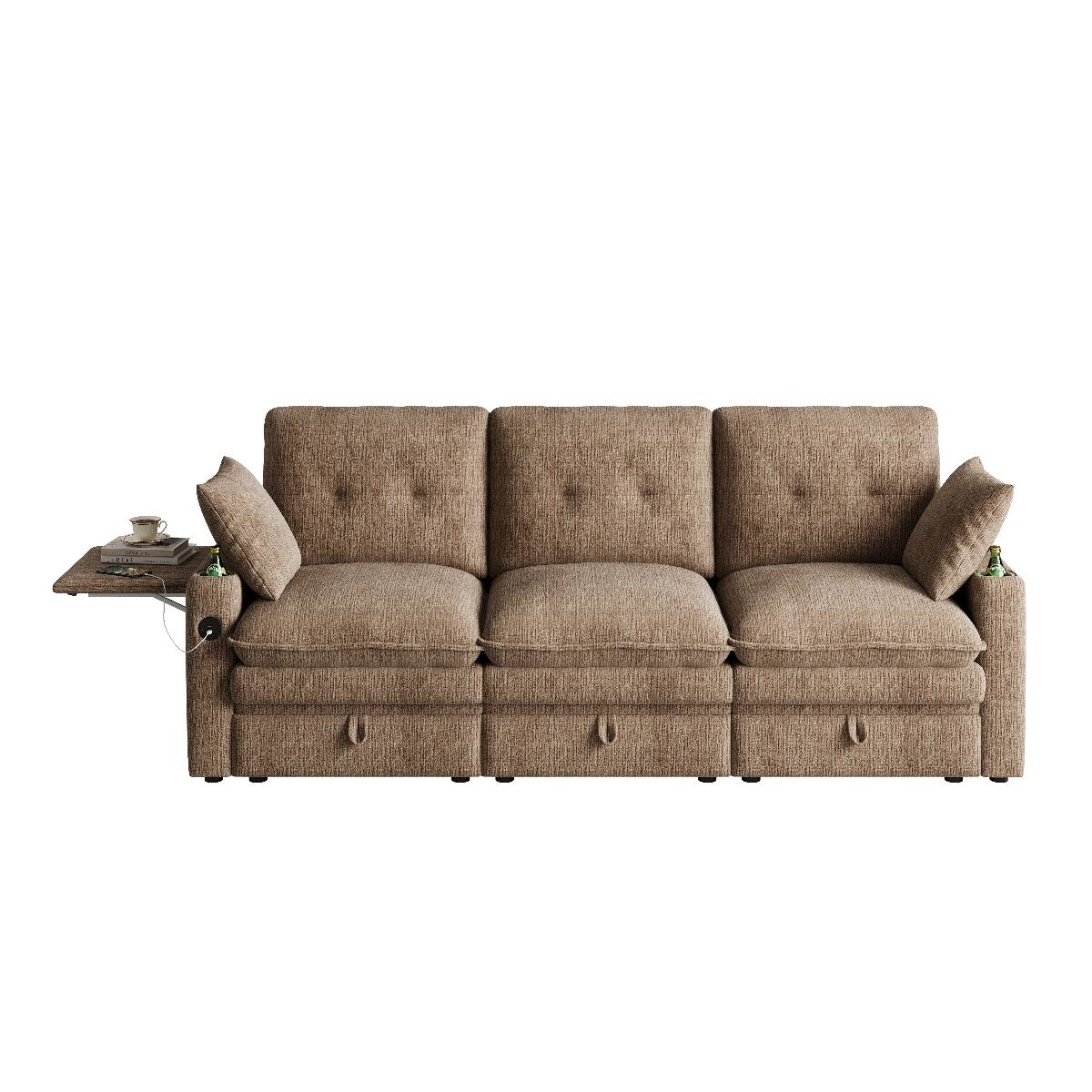 Alt View 9. Ropilly - Ropilly 89 Inch 3 Seater Sofa, Chenille Cloud Sofa with Storage Sofa with USB Ports, Coffee - Coffee.