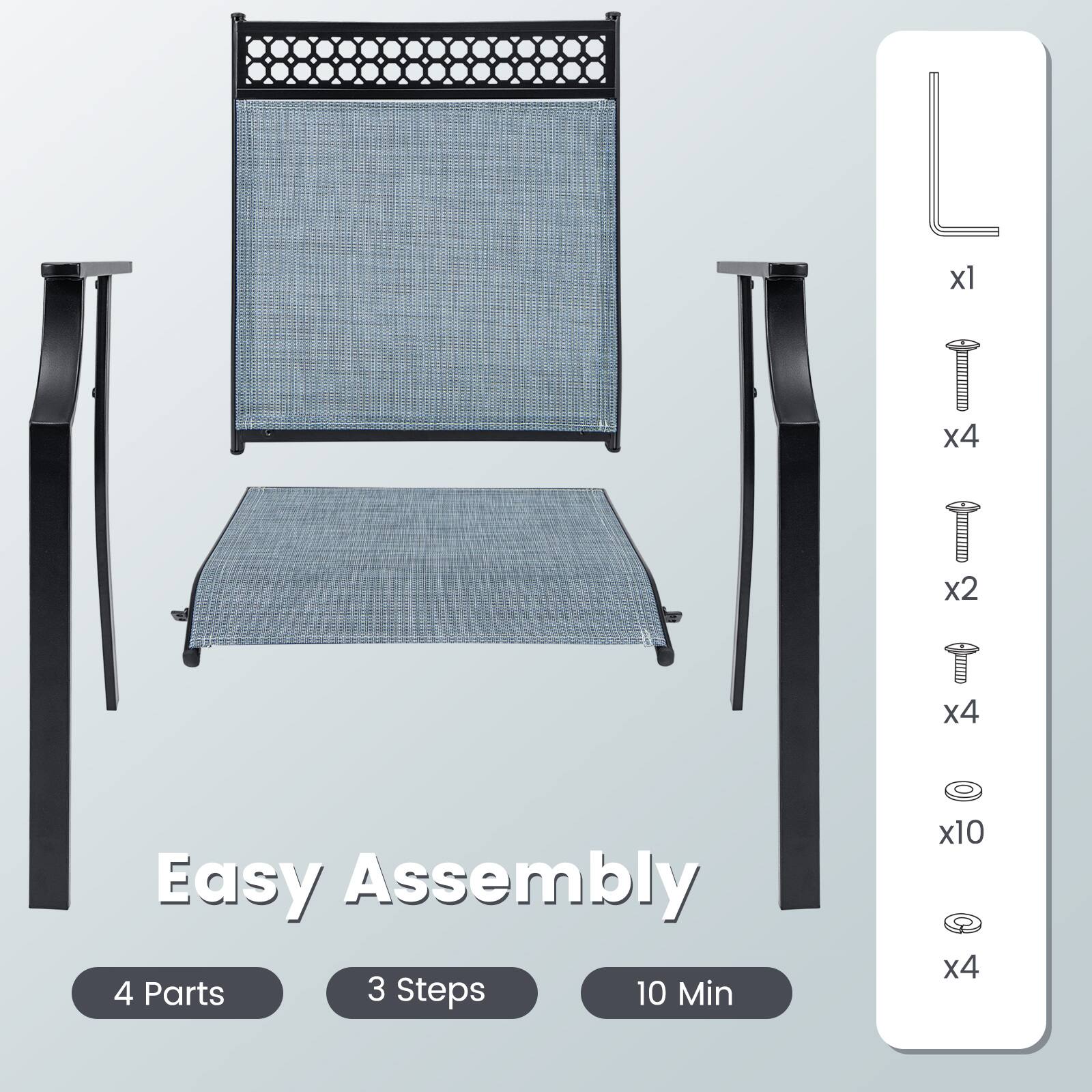 Easy Assembly 4 Parts 3 Steps 10 Min x1 x4 x2 x4 x10 x4