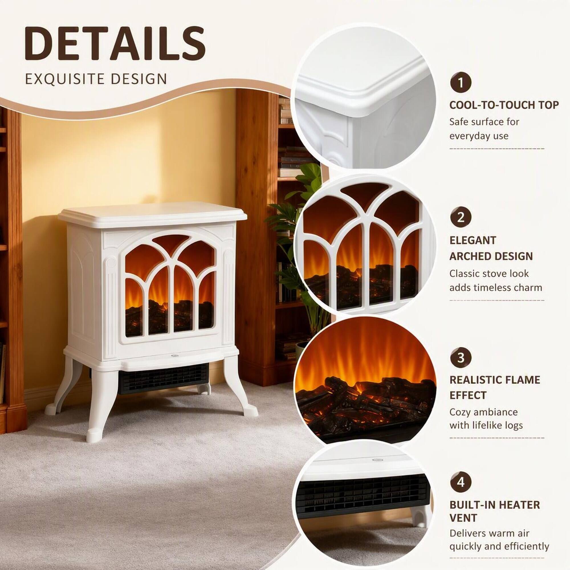 DETAILS  
EXQUISITE DESIGN

1. COOL-TO-TOUCH TOP  
   Safe surface for everyday use

2. ELEGANT ARCHED DESIGN  
   Classic stove look adds timeless charm

3. REALISTIC FLAME EFFECT  
   Cozy ambiance with lifelike logs

4. BUILT-IN HEATER VENT  
   Delivers warm air quickly and efficiently