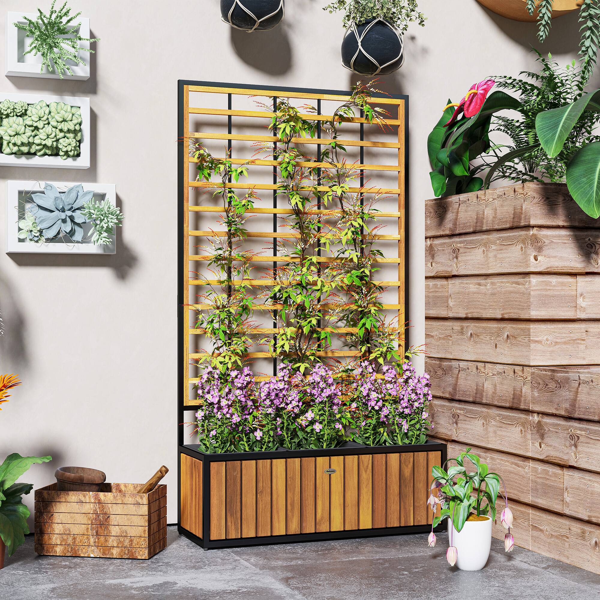 Outsunny Raised Garden Bed with Trellis, Removable Pots for Backyard ...