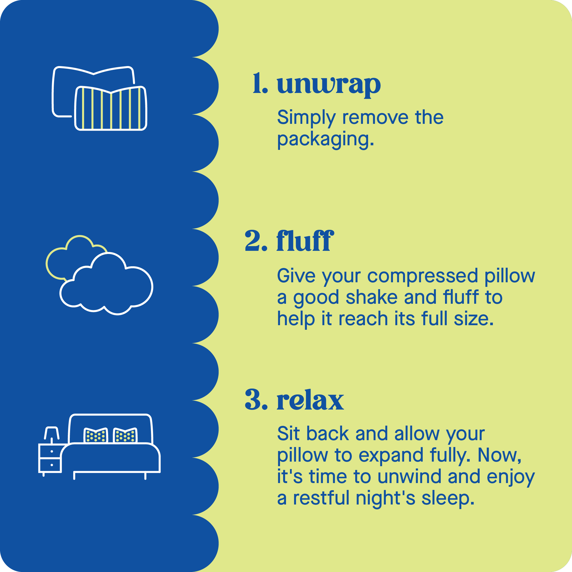 1. unwrap  
Simply remove the packaging.  

2. fluff  
Give your compressed pillow a good shake and fluff to help it reach its full size.  

3. relax  
Sit back and allow your pillow to expand fully. Now, it's time to unwind and enjoy a restful night's sleep.