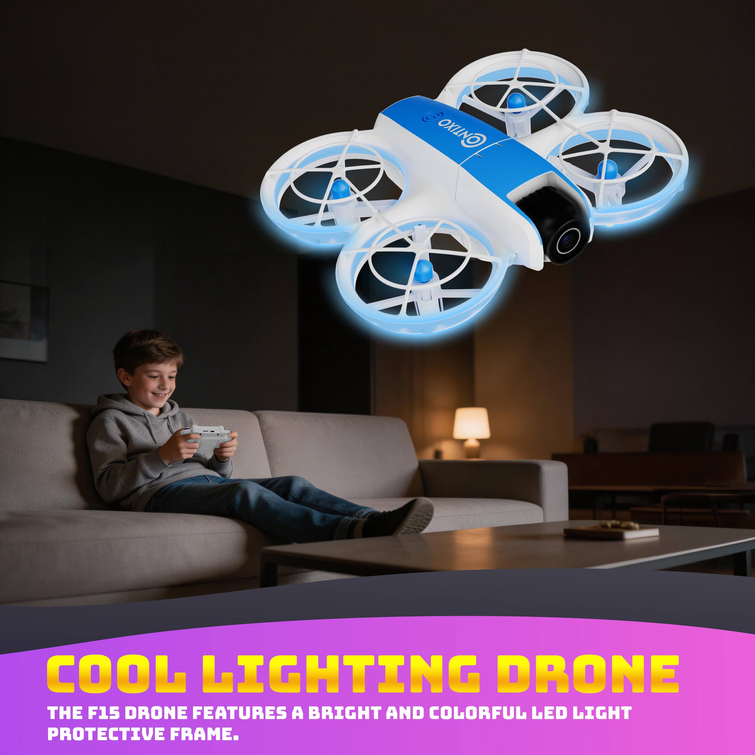COOL LIGHTING DRONE  
THE F15 DRONE FEATURES A BRIGHT AND COLORFUL LED LIGHT PROTECTIVE FRAME.