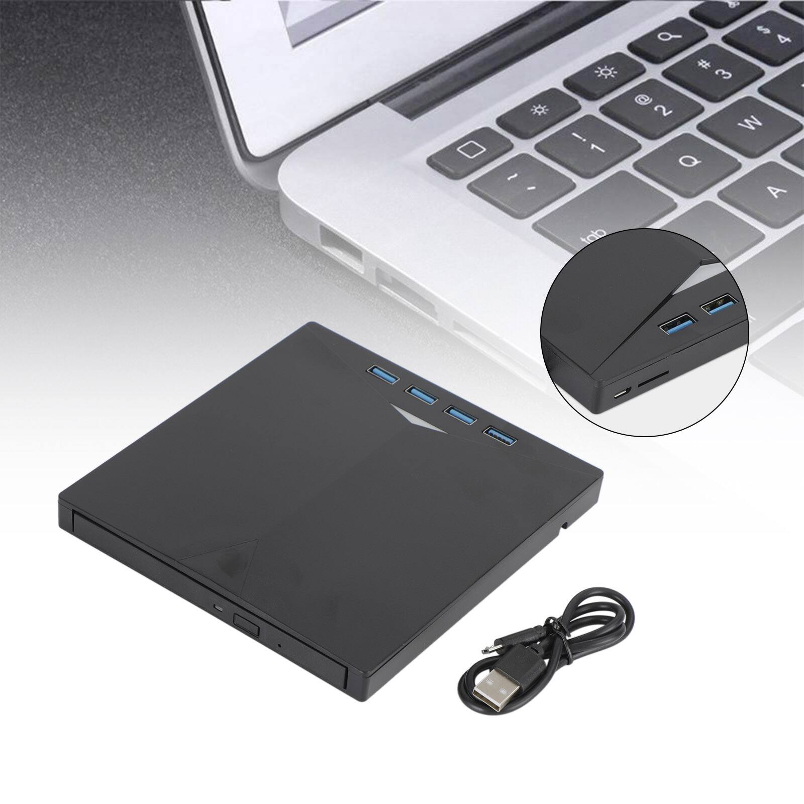 Left. Topteng - 7-in-1 External DVD Drive with 4-Port USB 3.0 Hub & Card Reader - CD/DVD Burner, USB-C for Laptop/PC/Mac.
