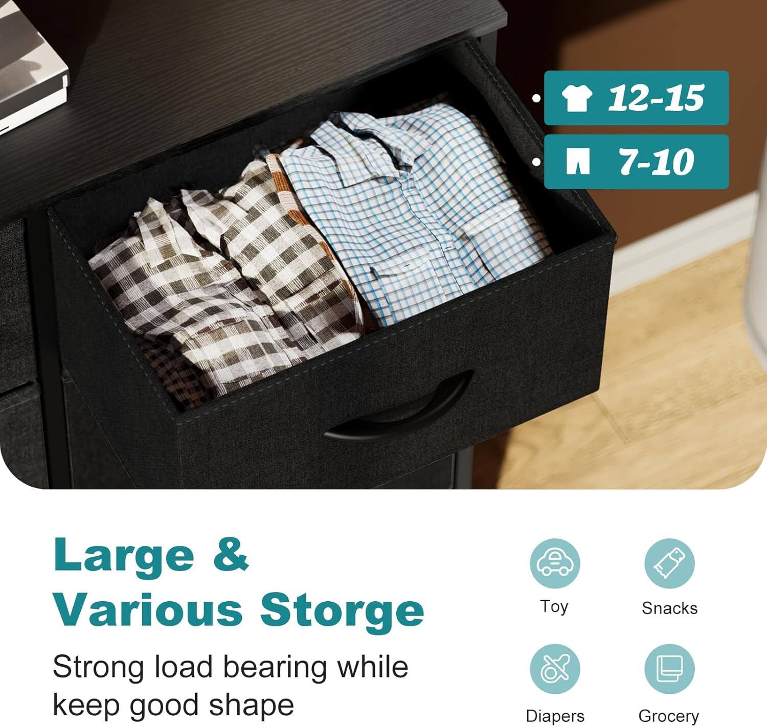 12-15  
7-10  

Large & Various Storage  
Strong load bearing while keep good shape  

Toy  
Snacks  
Diapers  
Grocery