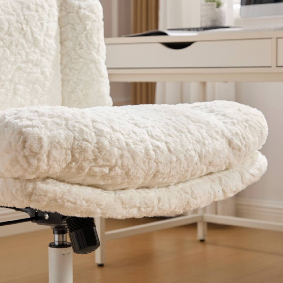 Alt View 1. HTUTWOO - 26.4 Office Chair with Back & Wheels - Plush Faux Fur,Adjustable Height & Swivel, 300LB Capacity - Makeup Chair for Home - White.