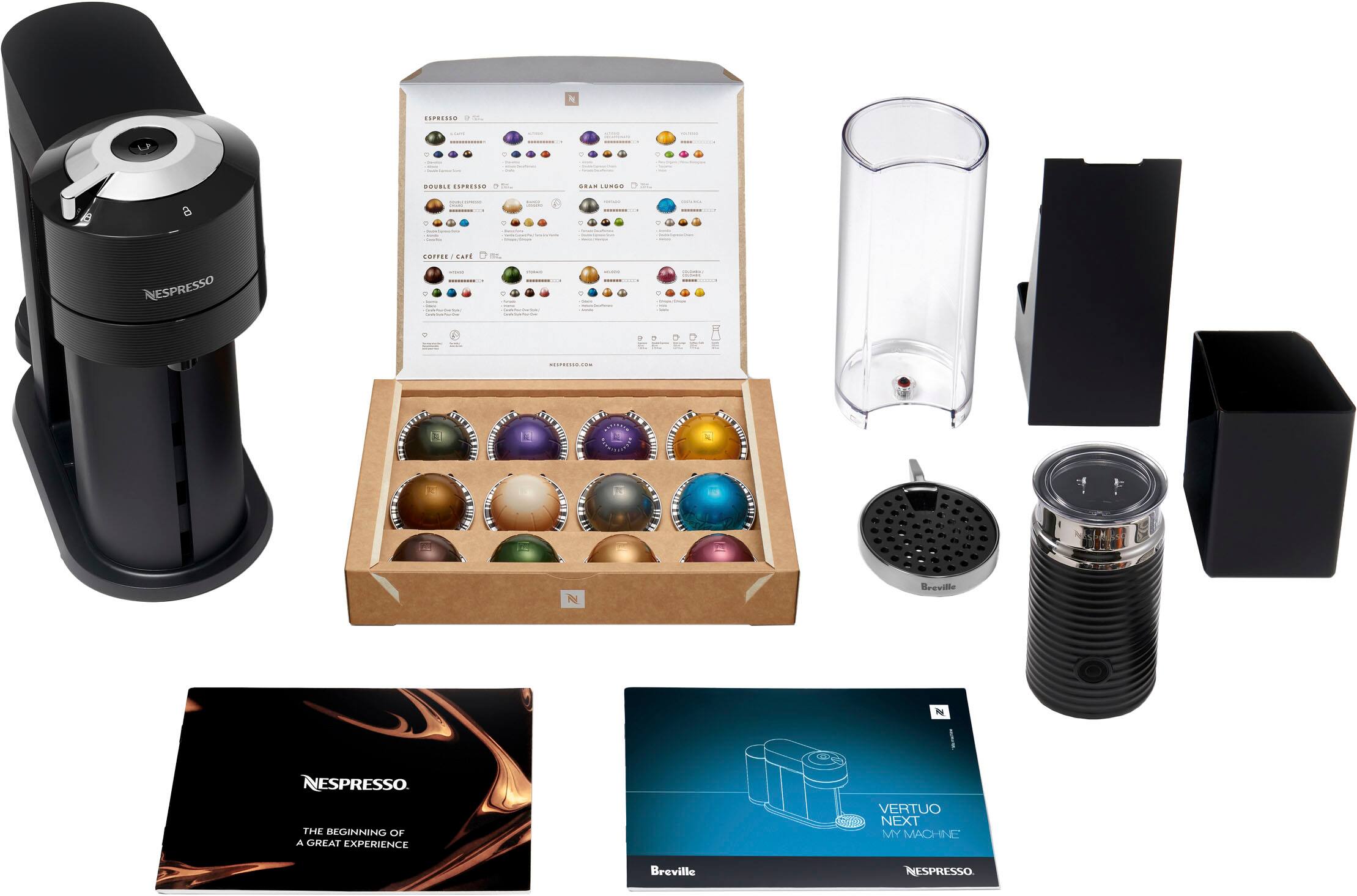 The image features a collection of coffee-making equipment, including a Nespresso machine, a coffee grinder, and a coffee bean container. The Nespresso machine is placed on the left side of the image, while the coffee grinder is situated in the middle. The coffee bean container is located towards the right side of the image. The assortment of coffee-making equipment is displayed on a white background, making the products stand out.