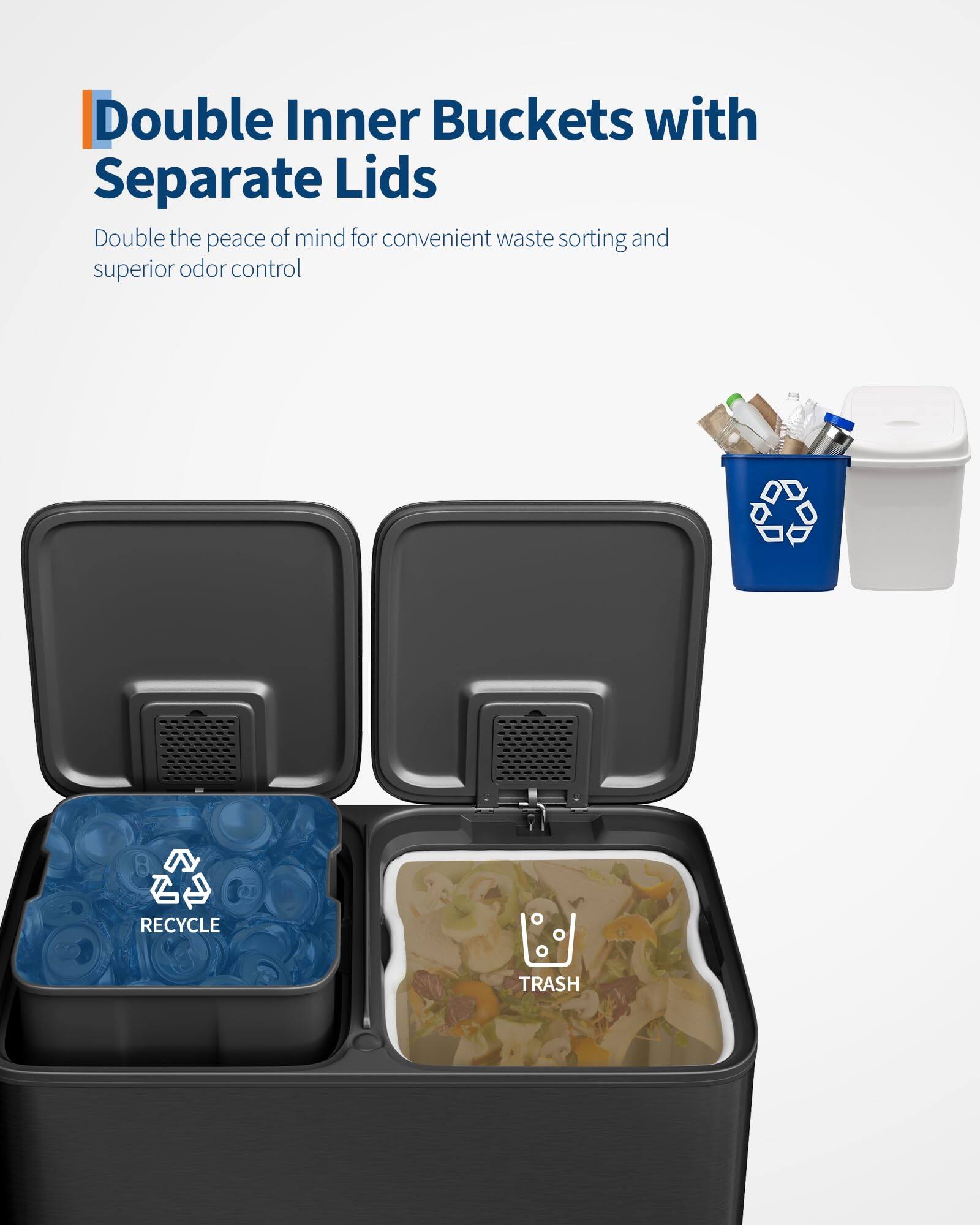 Double Inner Buckets with Separate Lids

Double the peace of mind for convenient waste sorting and superior odor control

RECYCLE

TRASH